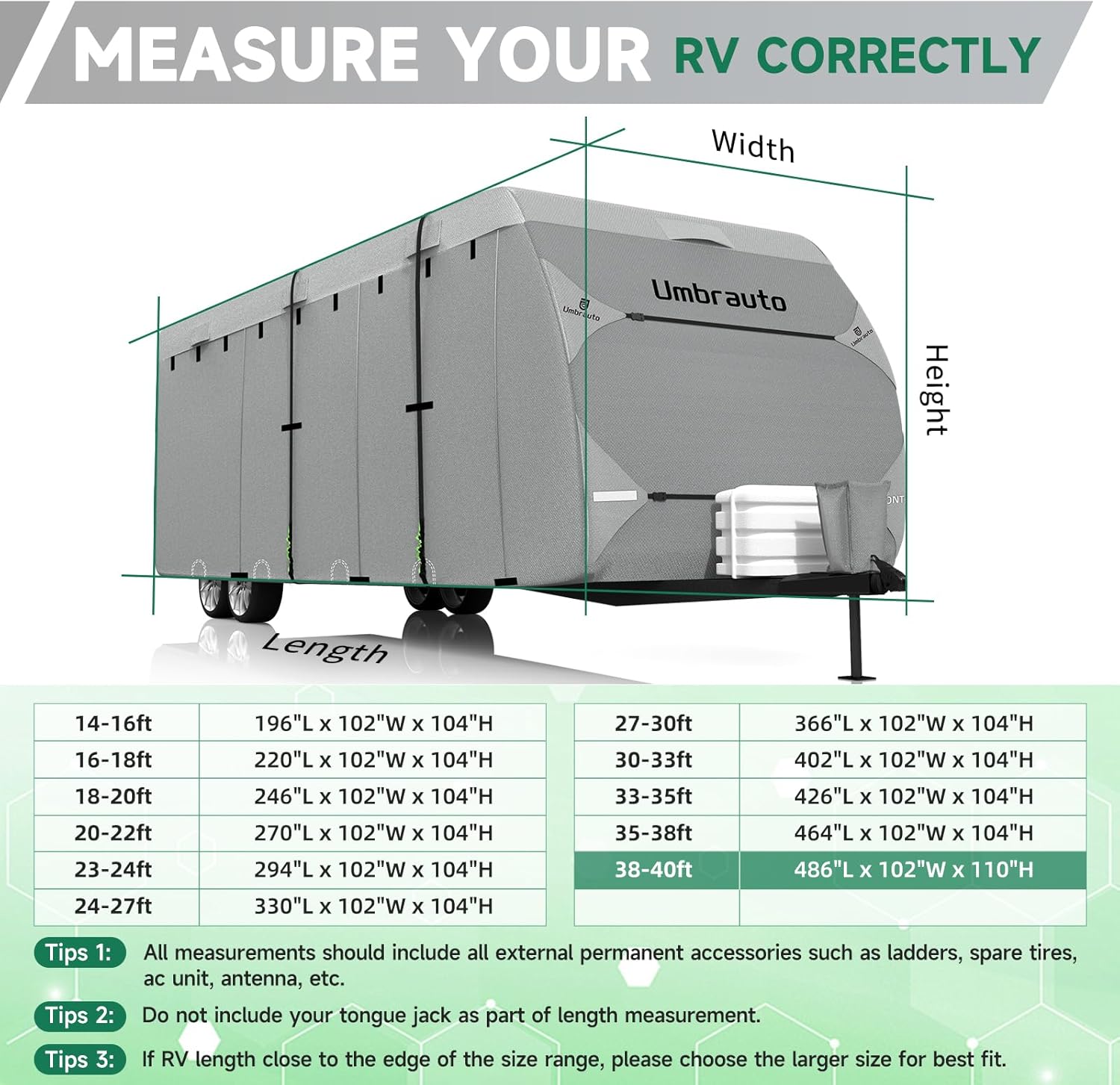 Umbrauto Bi-component Hi-tech Fabric RV Cover,Travel Trailer Cover, Waterproof Camper Cover, Toy Hauler Cover with Tongue Jack Cover, Extra Windproof Ropes, Gutter Covers - Energize Trek