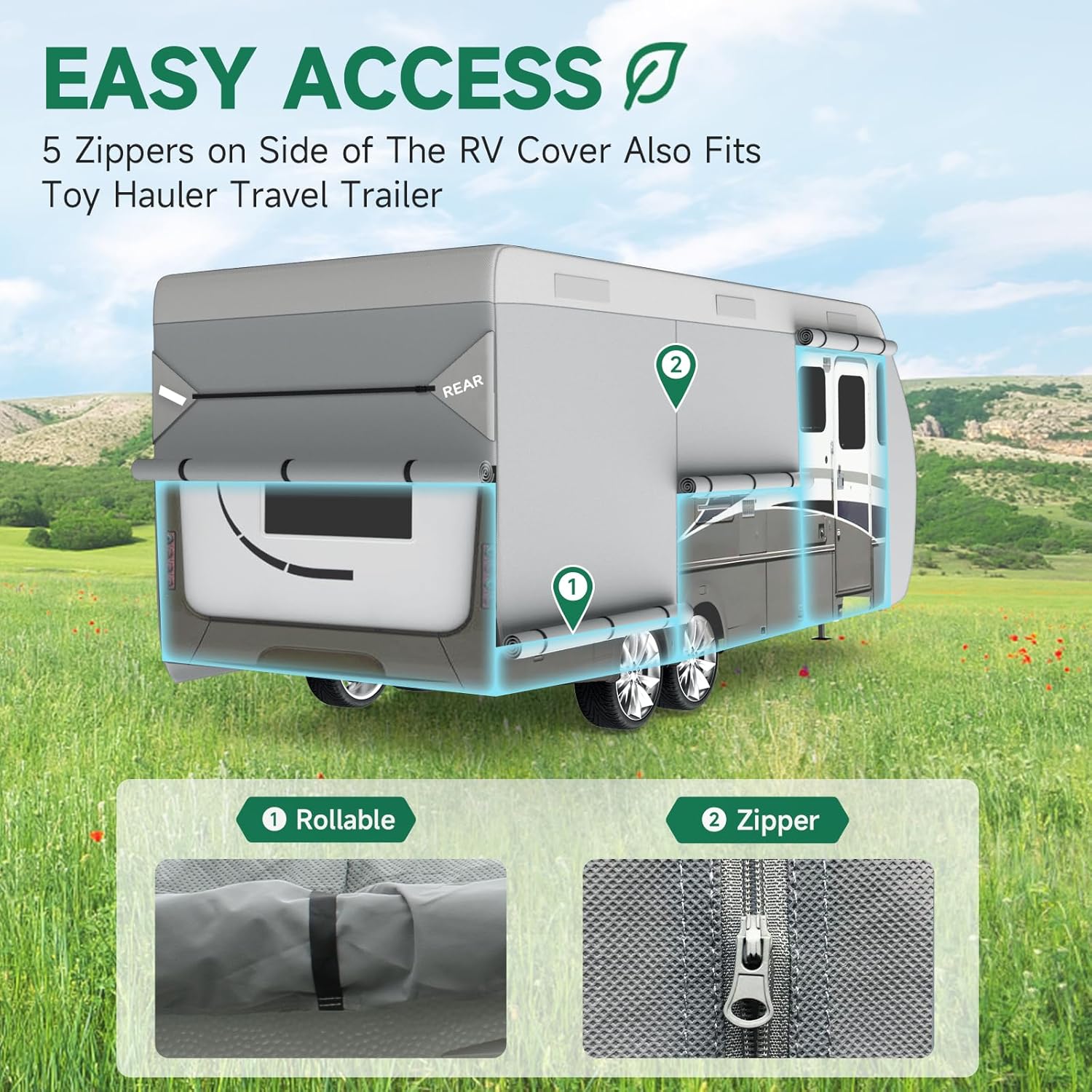 Umbrauto Bi-component Hi-tech Fabric RV Cover,Travel Trailer Cover, Waterproof Camper Cover, Toy Hauler Cover with Tongue Jack Cover, Extra Windproof Ropes, Gutter Covers - Energize Trek