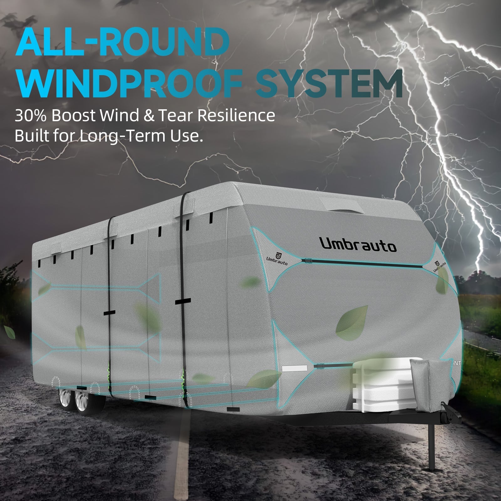 Umbrauto Bi-component Hi-tech Fabric RV Cover,Travel Trailer Cover, Waterproof Camper Cover, Toy Hauler Cover with Tongue Jack Cover, Extra Windproof Ropes, Gutter Covers - Energize Trek