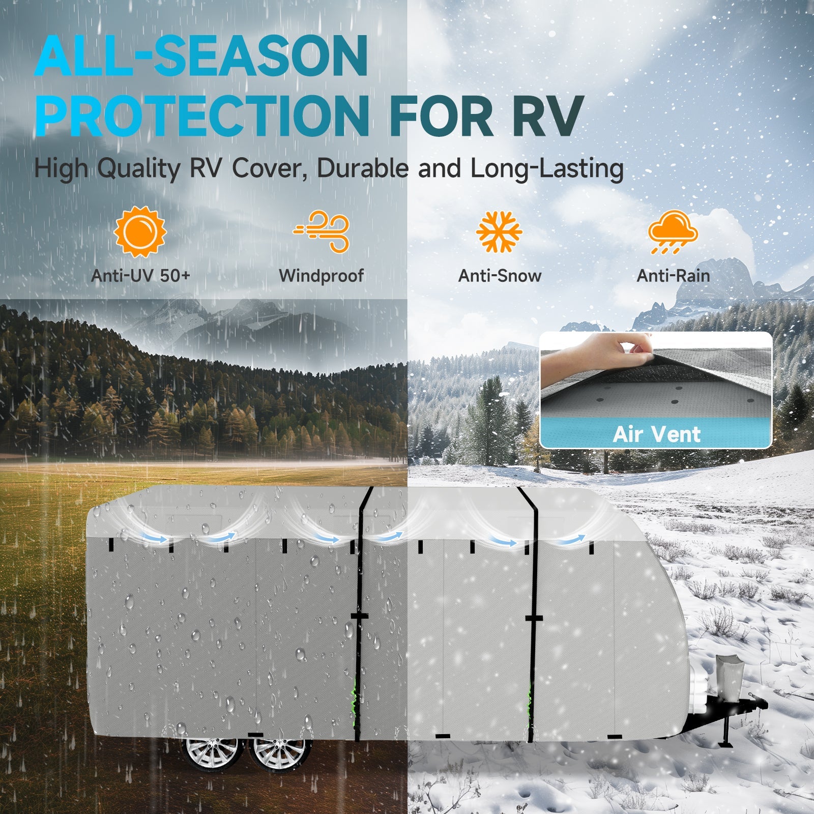 Umbrauto Bi-component Hi-tech Fabric RV Cover,Travel Trailer Cover, Waterproof Camper Cover, Toy Hauler Cover with Tongue Jack Cover, Extra Windproof Ropes, Gutter Covers - Energize Trek