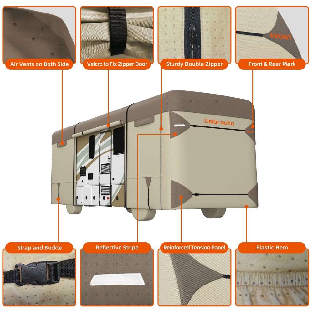 Umbrauto Class A RV Cover Upgraded Heavy Duty 7 Layers Top Windproof Breathable Class A Motorhome Camper Cover,Khaki - Energize Trek