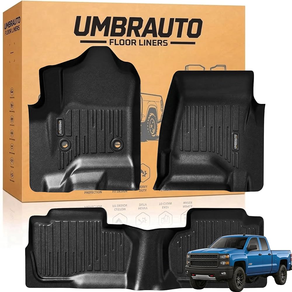 Umbrauto Custom Fit Floor Mats for Chevy Silverado/GMC Sierra Double Cab 1500 2014-2018, 2500HD/3500HD 2015-2019, All Weather TPE Truck Floor Liners for Carpet Floor, Front&Rear Row, Footwell Coverage - Energize Trek