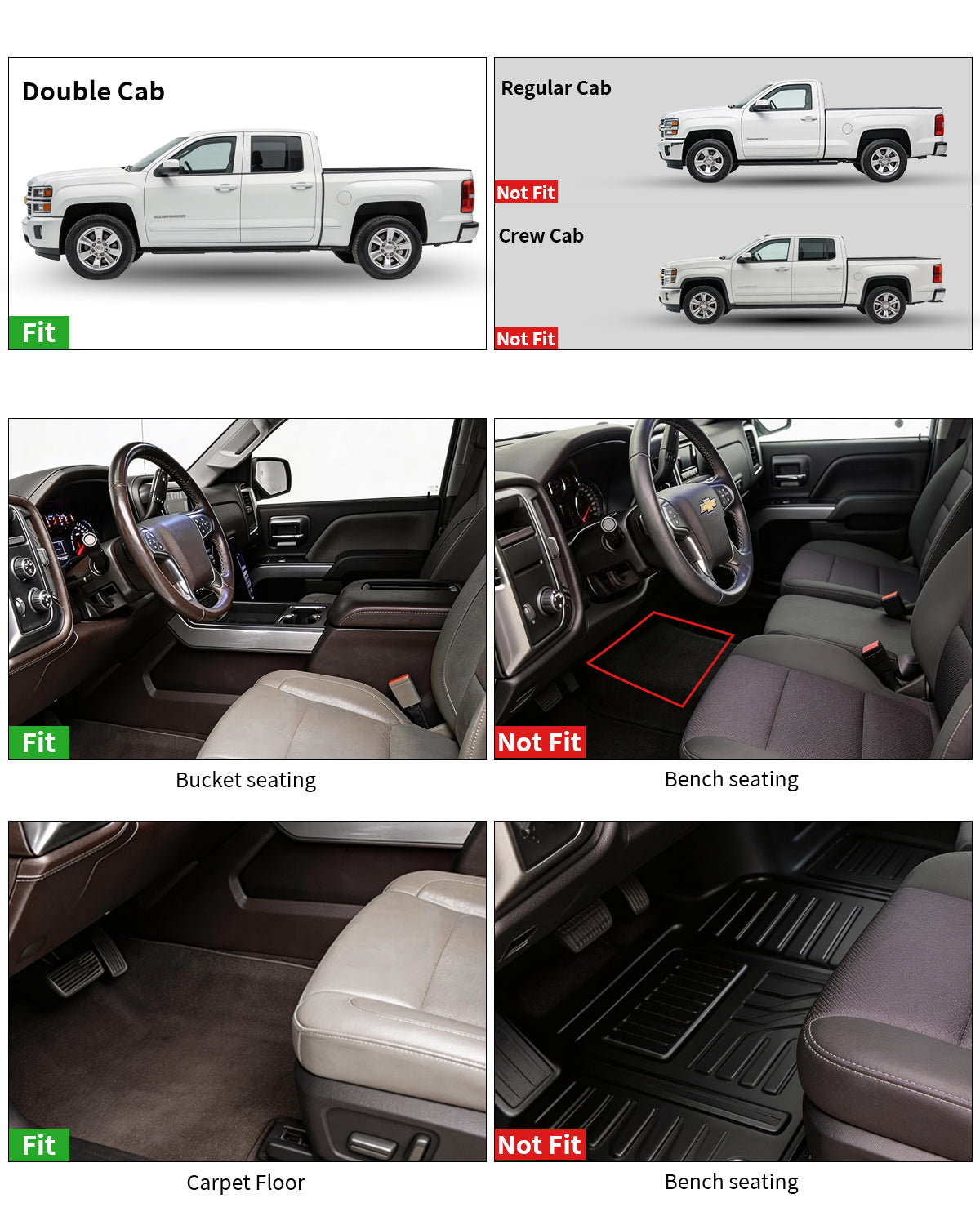Umbrauto Custom Fit Floor Mats for Chevy Silverado/GMC Sierra Double Cab 1500 2014-2018, 2500HD/3500HD 2015-2019, All Weather TPE Truck Floor Liners for Carpet Floor, Front&Rear Row, Footwell Coverage - Energize Trek