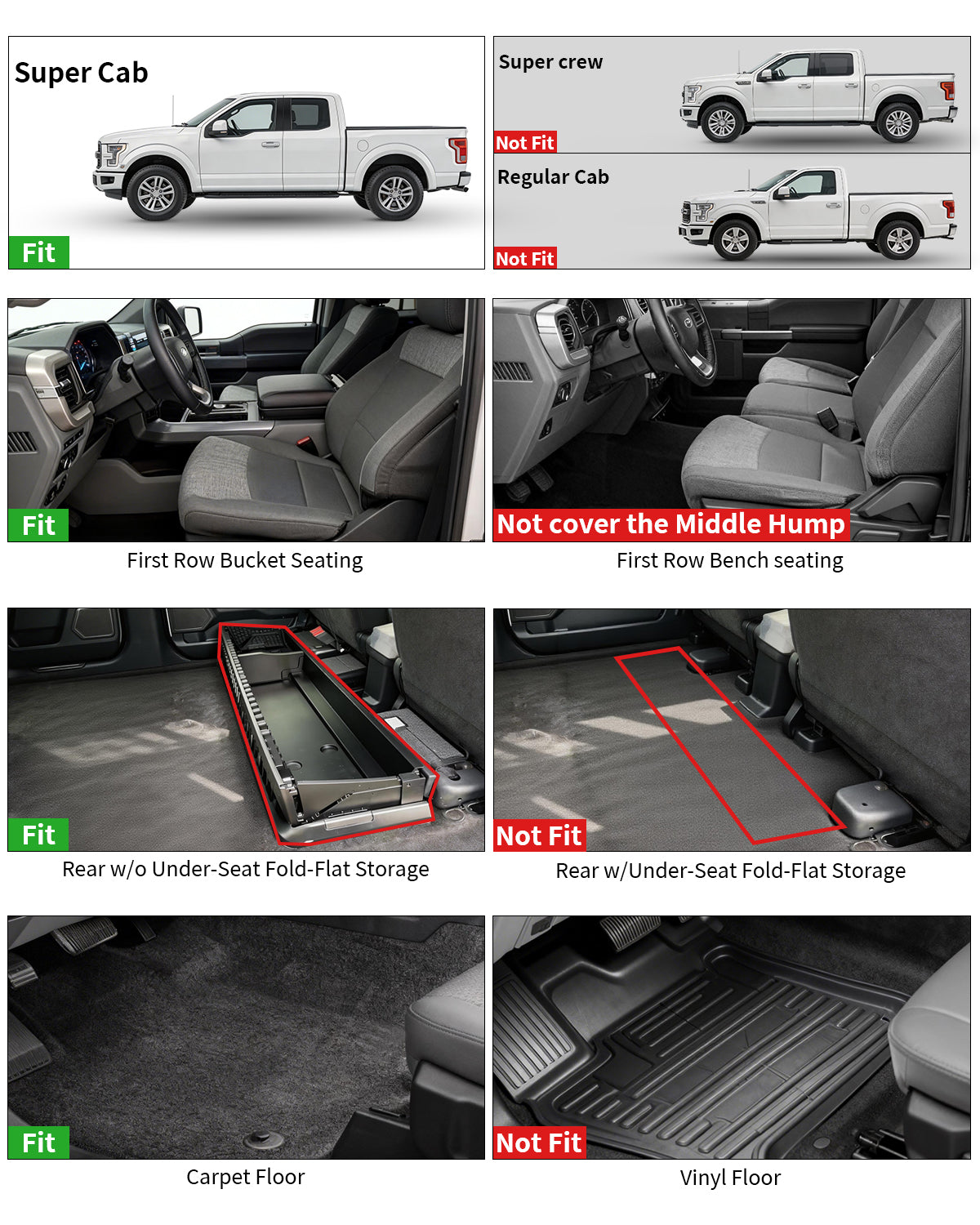 Umbrauto Custom Fit Floor Mats for Ford F150 SuperCab (Extended Cab) 2015-2025 2026 (Not for SuperCrew Cab), All Weather TPE Automotive Pickup Truck Liners for Front & Rear Row - Energize Trek
