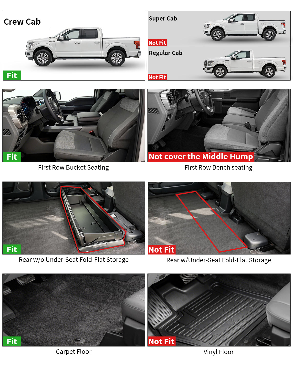 Umbrauto Custom Fit Floor Mats for Ford F250 F350 F450 2017-2025 2026 Super Duty Crew Cab, All Weather Protector TPE Truck Floor Liners for Front Bucket Seats, Rear W/Fold-Flat Storage, Carpet Floor - Energize Trek