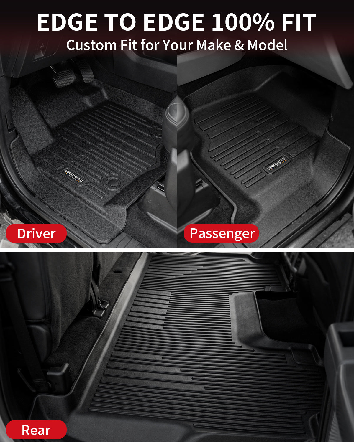 Umbrauto Custom Fit Floor Mats for Ford F250 F350 F450 2017-2025 2026 Super Duty Crew Cab, All Weather Protector TPE Truck Floor Liners for Front Bucket Seats, Rear W/Fold-Flat Storage, Carpet Floor - Energize Trek