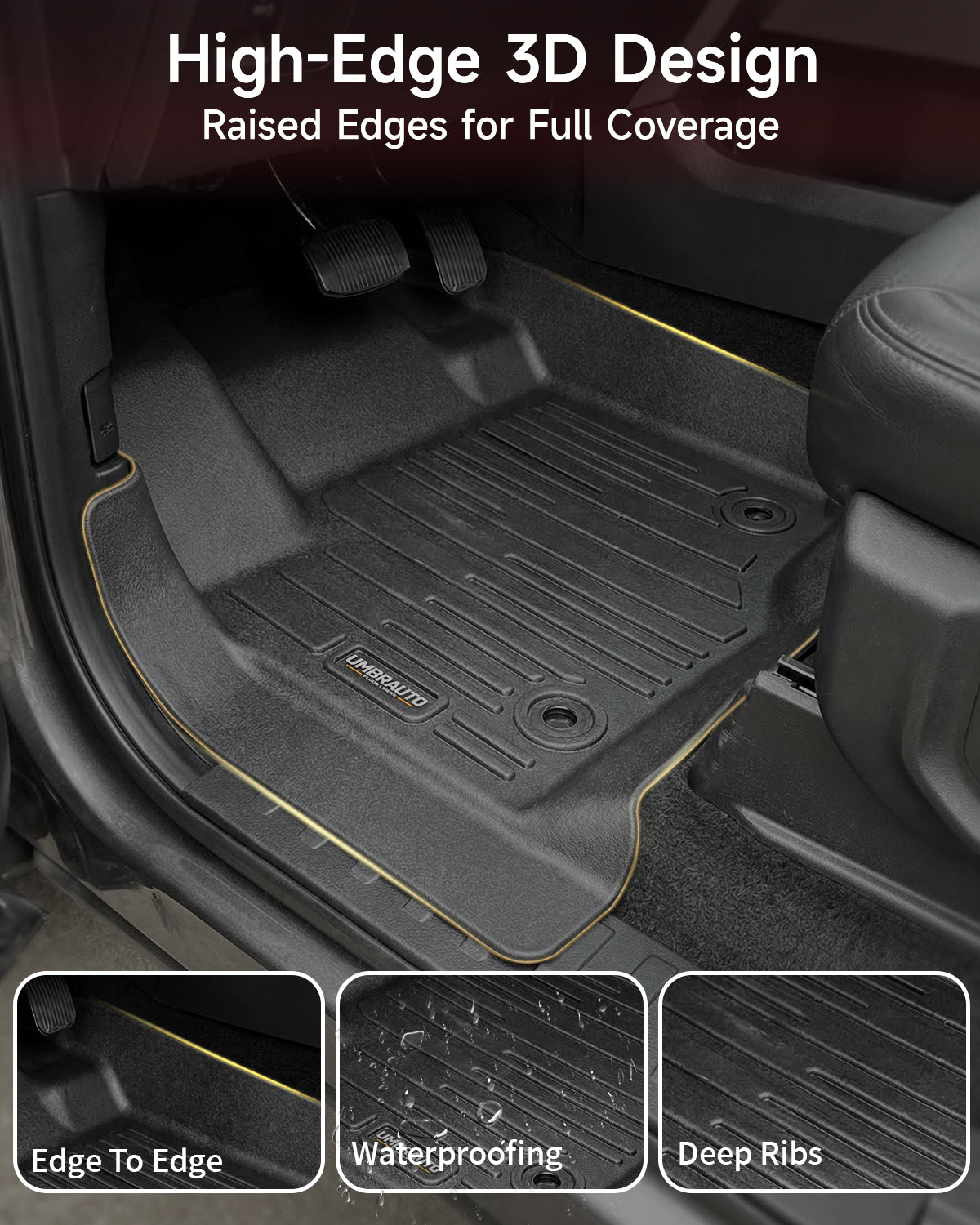 Umbrauto Custom Fit Floor Mats for Ford F250 F350 F450 2017-2025 2026 Super Duty Crew Cab, All Weather Protector TPE Truck Floor Liners for Front Bucket Seats, Rear W/Fold-Flat Storage, Carpet Floor - Energize Trek