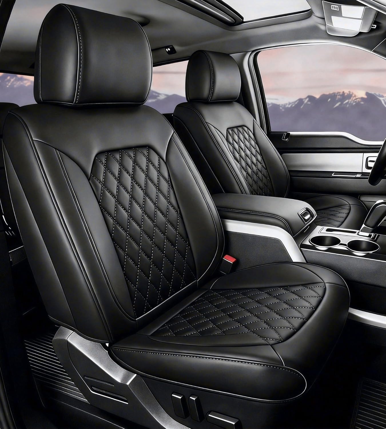 Umbrauto Custom Fit Seat Covers for Ford F150, Pickup Truck Nappa Leather Seatcovers for 2015-2025 Ford F150 SuperCrew/ 2017-2025 F250 F350 F450 Super Duty Crew Cab XL XLT Lariat King Ranch Platinum,Black - Energize Trek