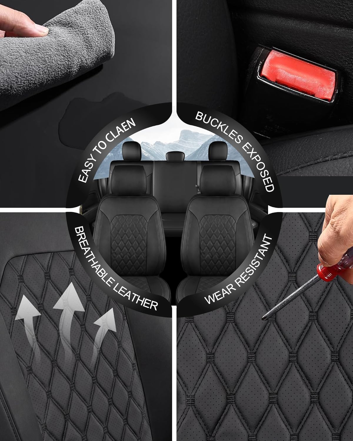 Umbrauto Custom Fit Seat Covers for Ford F150, Pickup Truck Nappa Leather Seatcovers for 2015-2025 Ford F150 SuperCrew/ 2017-2025 F250 F350 F450 Super Duty Crew Cab XL XLT Lariat King Ranch Platinum,Black - Energize Trek