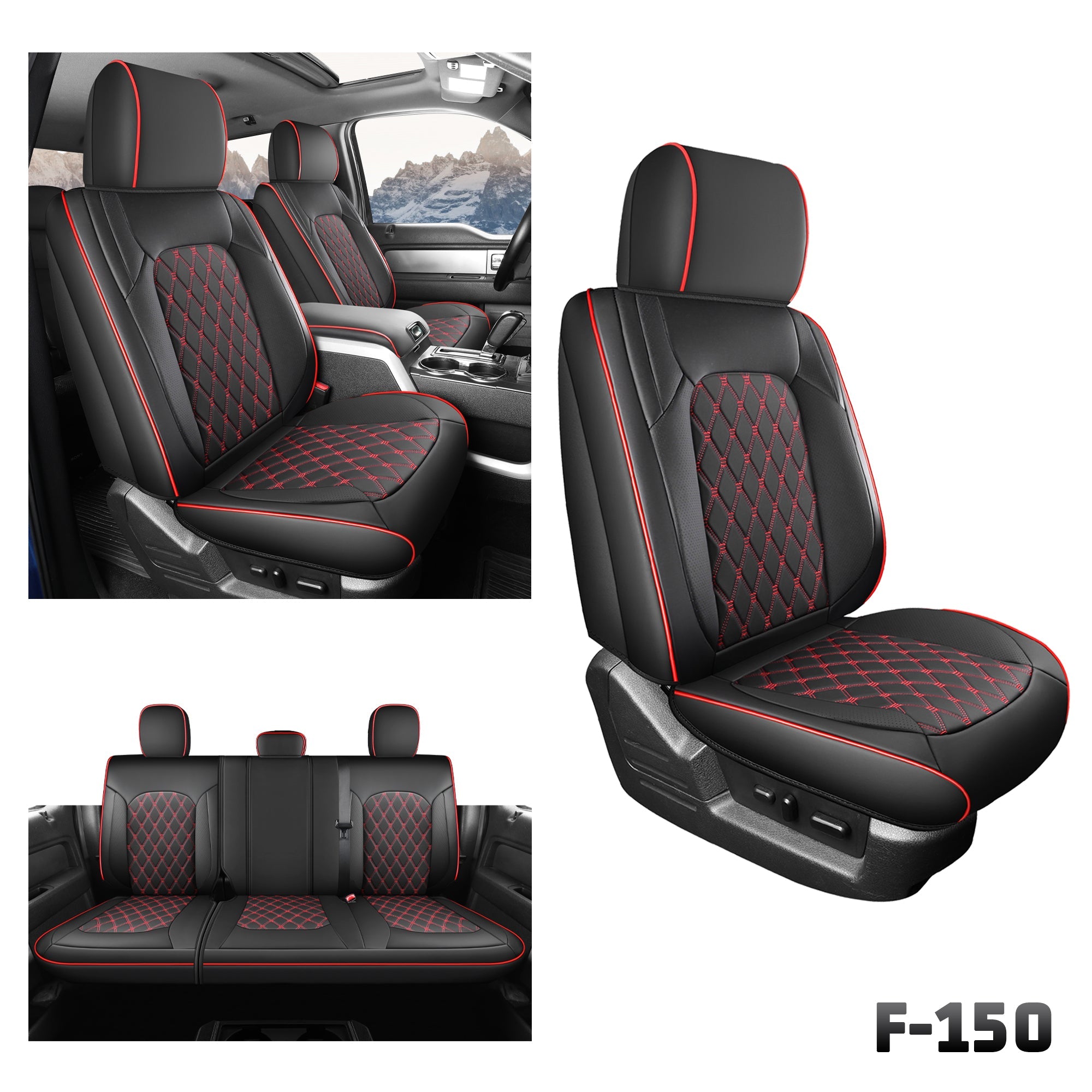 Umbrauto Custom Fit Seat Covers for Ford F150, Pickup Truck Nappa Leather Seatcovers for 2015-2025 Ford F150 SuperCrew/ 2017-2025 F250 F350 F450 Super Duty Crew Cab XL XLT Lariat King Ranch Platinum,Red - Energize Trek