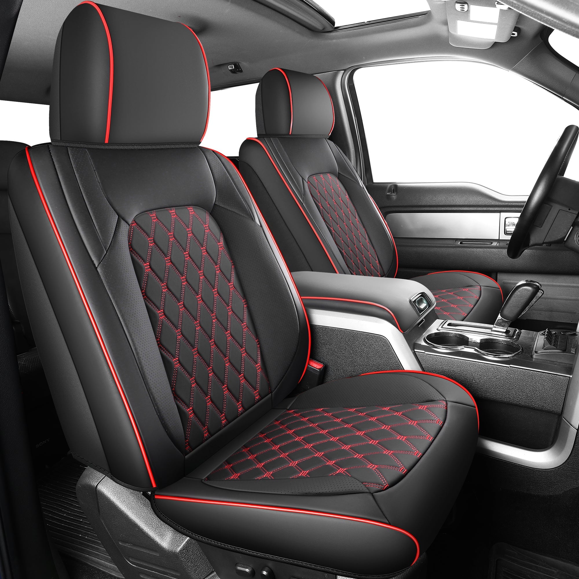 Umbrauto Custom Fit Seat Covers for Ford F150, Pickup Truck Nappa Leather Seatcovers for 2015-2025 Ford F150 SuperCrew/ 2017-2025 F250 F350 F450 Super Duty Crew Cab XL XLT Lariat King Ranch Platinum,Red - Energize Trek