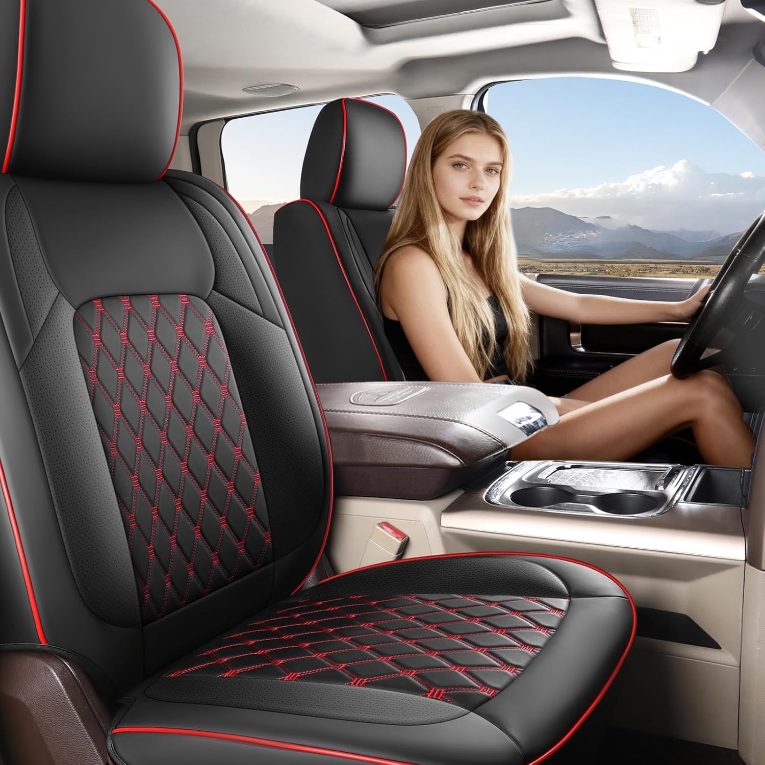 Umbrauto Custom Seat Covers fit for Dodge Ram 1500 2500 3500, Full Coverage Luxury Leather Ram Truck Seat Cover 2009-2025 Compatible with Crew Cab Double Quad Regular (Full Set (Flat Rear)) - Energize Trek