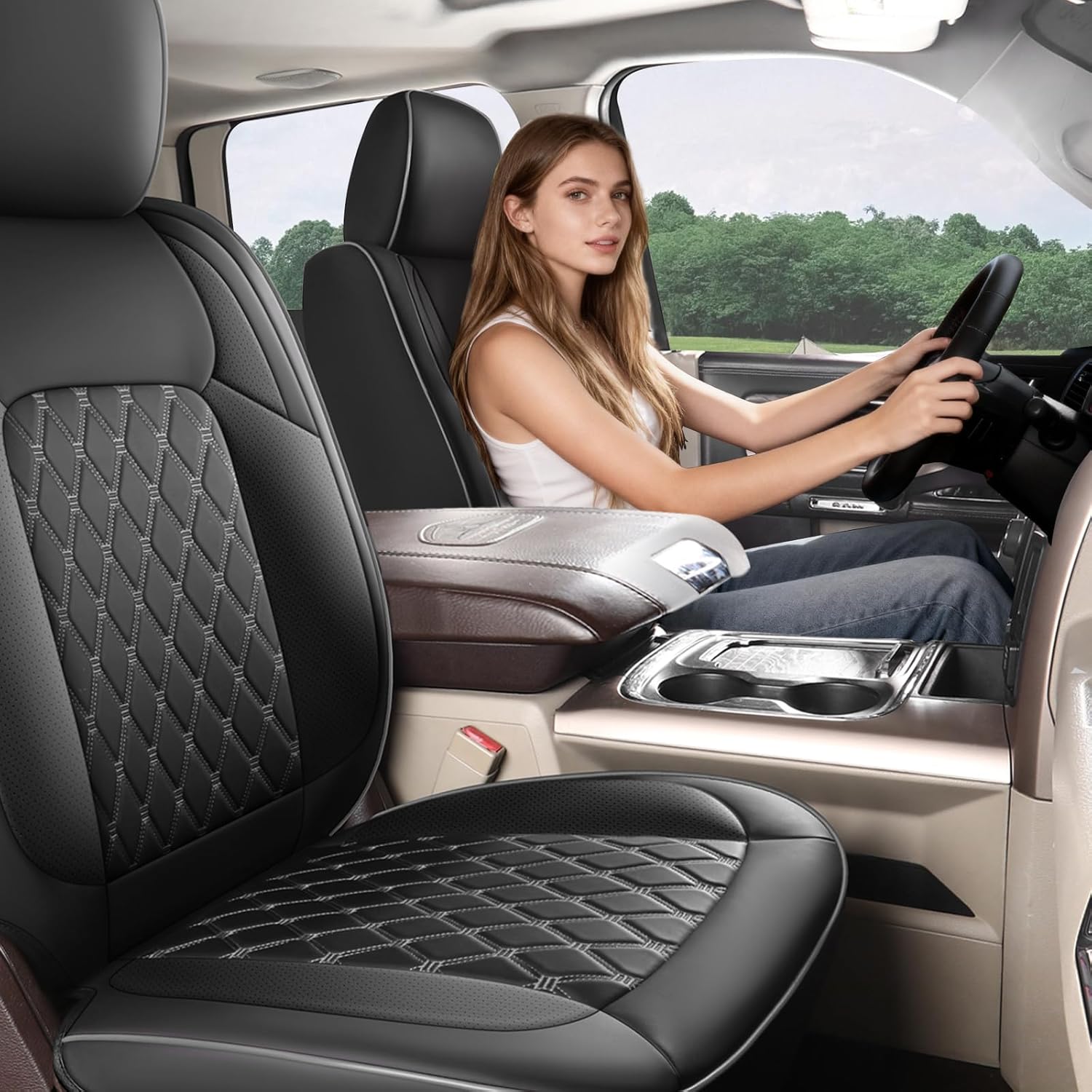 Umbrauto Custom Seat Covers fit for Dodge Ram 1500 2500 3500, Full Coverage Luxury Leather Ram Truck Seat Cover 2009-2025 Compatible with Crew Cab Double Quad Regular (Full Set (Flat Rear)) - Energize Trek