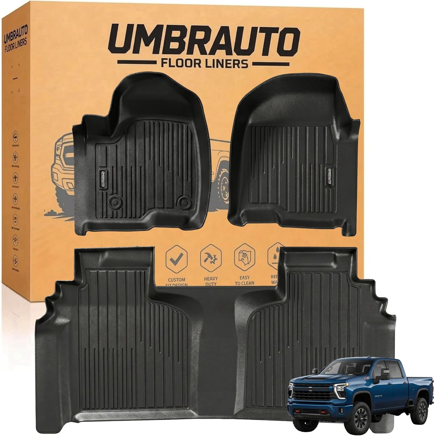 Umbrauto Floor Mats for Chevy Silverado/GMC Sierra Crew Cab 1500 (2019–2026), 2500/3500HD (2020–2026), All Weather TPE Custom Truck Floor Liners Fit Carpet Floor, with Rear Under-Seat Storage - Energize Trek