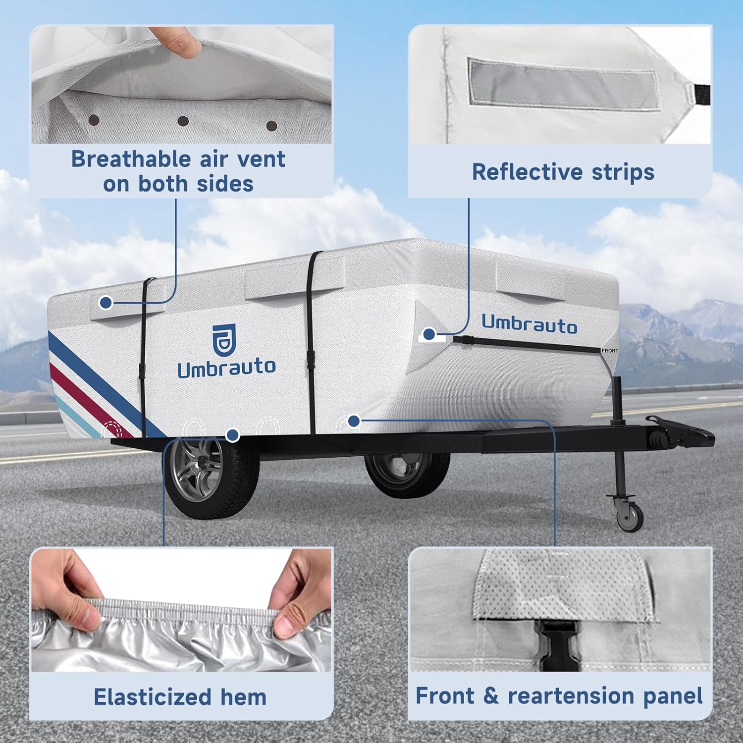 Umbrauto Pop Up Camper Cover, Folding Tent Trailers, 300D Silver Oxford, Waterproof, Windproof, Sun-Resistant, Tear-Resistant, Heavy-Duty RV Cover with Straps & Air Vents - Energize Trek