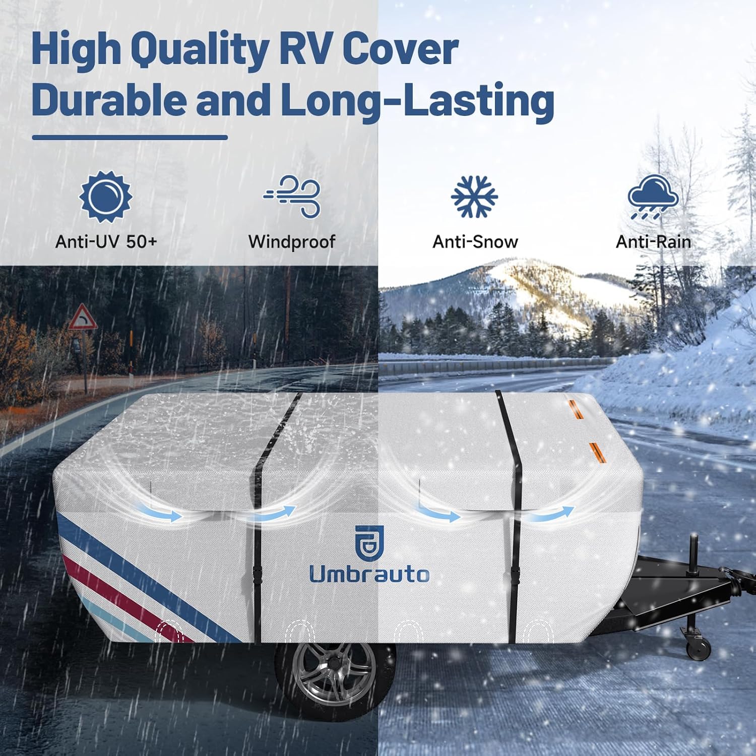 Umbrauto Pop Up Camper Cover, Folding Tent Trailers, 300D Silver Oxford, Waterproof, Windproof, Sun-Resistant, Tear-Resistant, Heavy-Duty RV Cover with Straps & Air Vents - Energize Trek