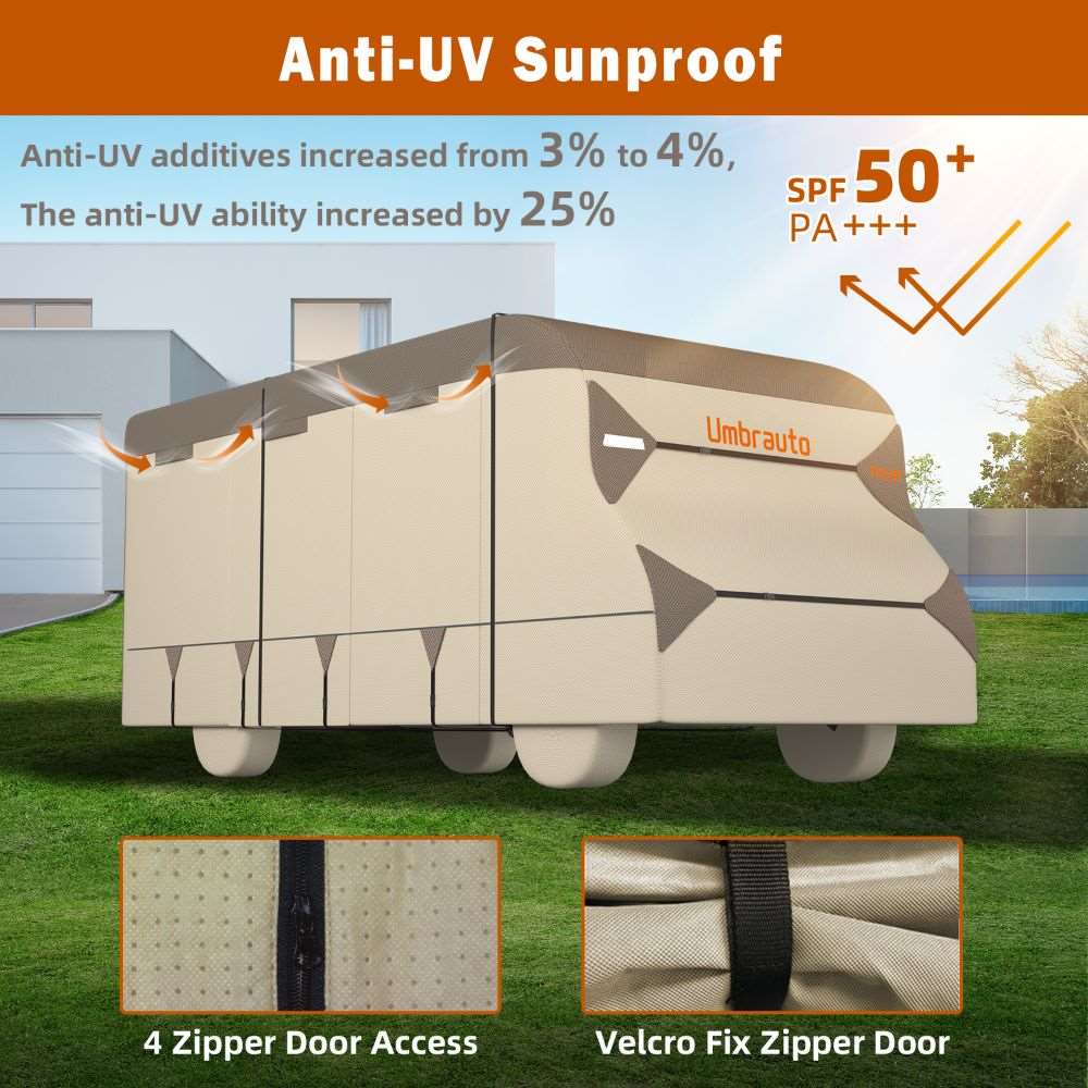Umbrauto RV Cover Class C Upgraded 7 Layers Anti-UV Top Panel Motorhome Cover,Khaki - Energize Trek