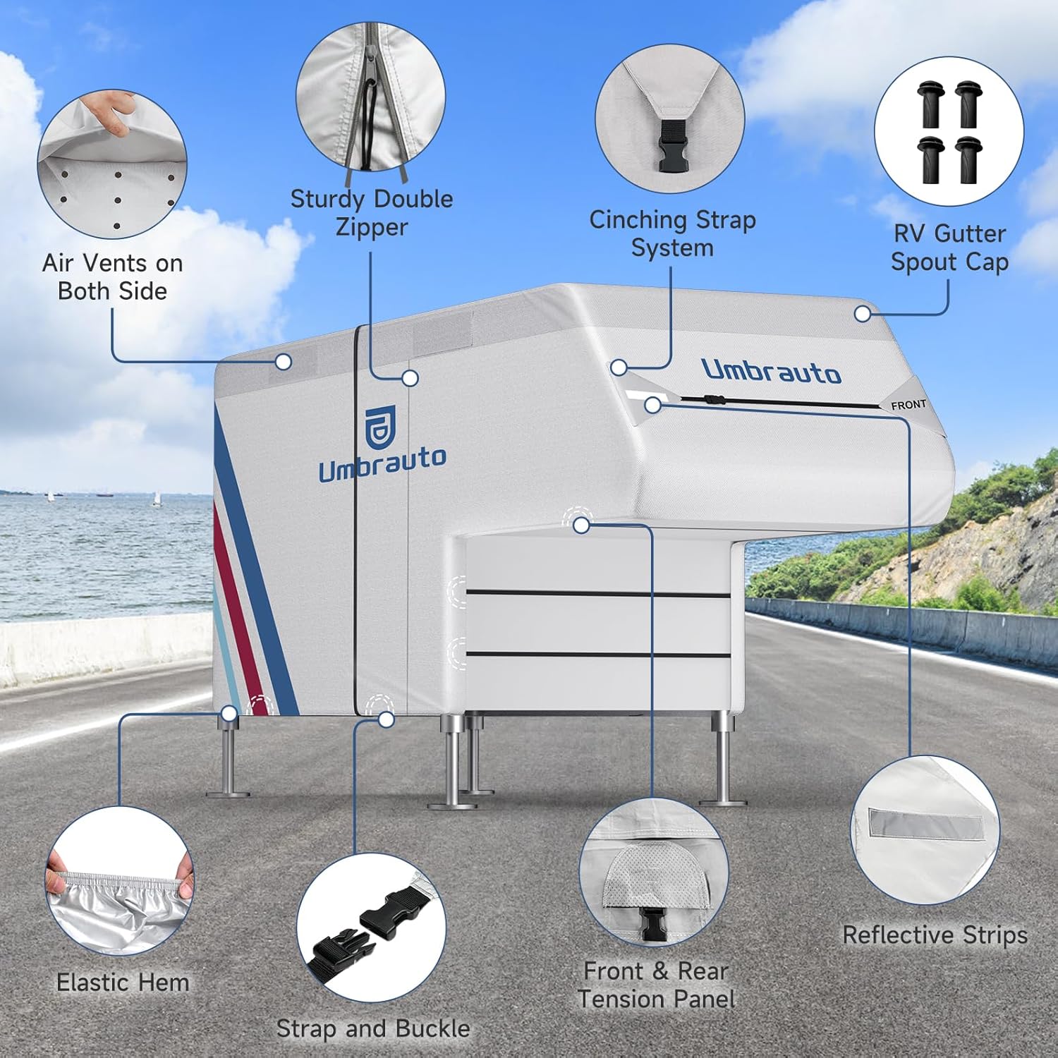 Umbrauto Slide-In Truck Camper Cover — 300D Oxford Waterproof RV Cover, Silver-Coated All-Weather Protection with Windproof Straps & Air Vents - Energize Trek