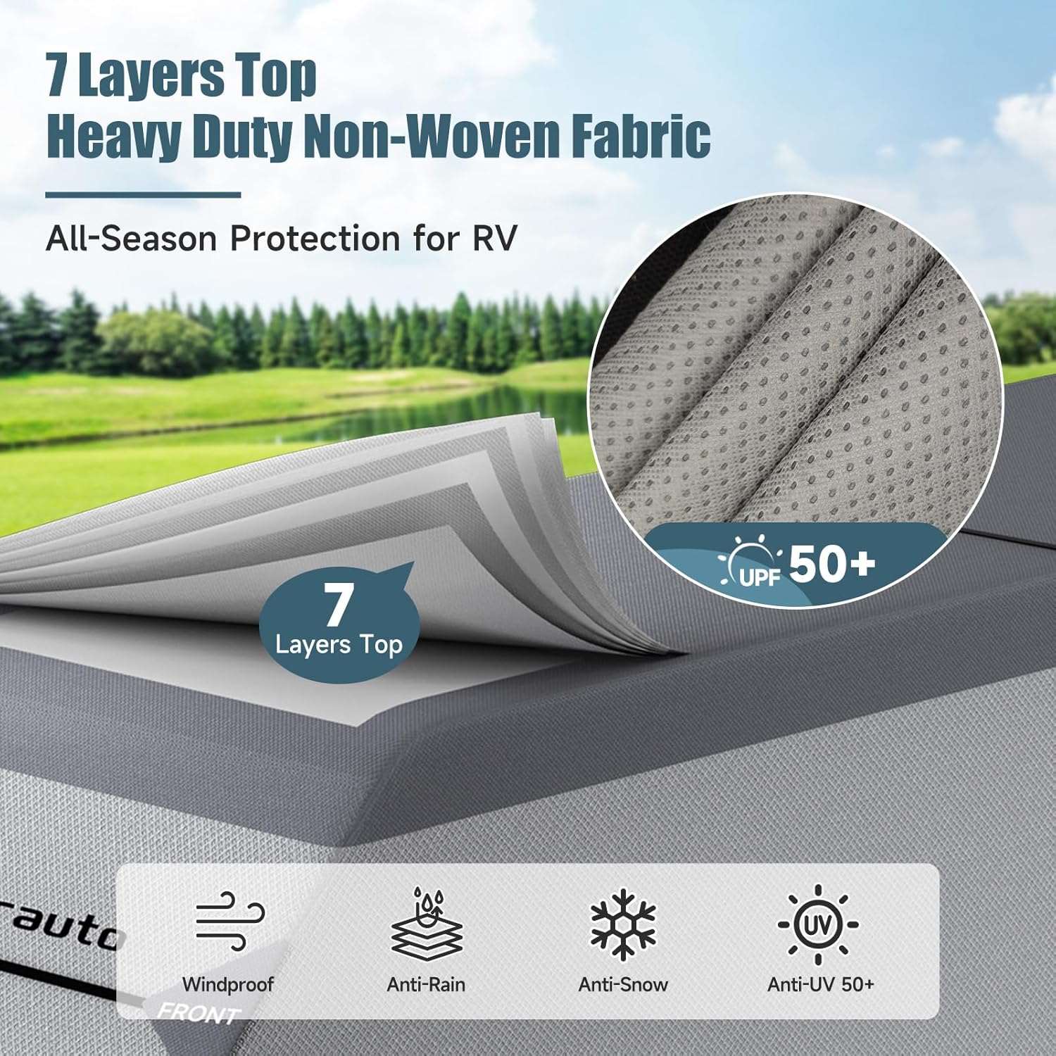 Umbrauto Truck Camper Cover 7-Layer Anti-Tear Top, RVs All Season Protection with Gutter Cover,Windproof Straps - Energize Trek
