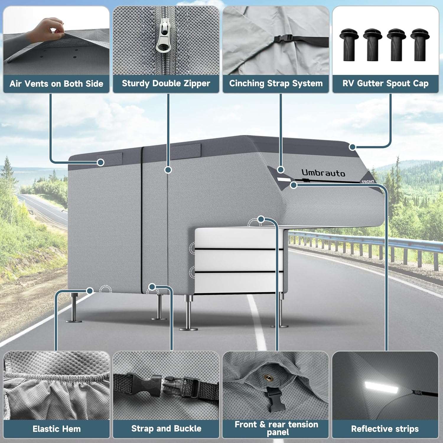 Umbrauto Truck Camper Cover 7-Layer Anti-Tear Top, RVs All Season Protection with Gutter Cover,Windproof Straps - Energize Trek