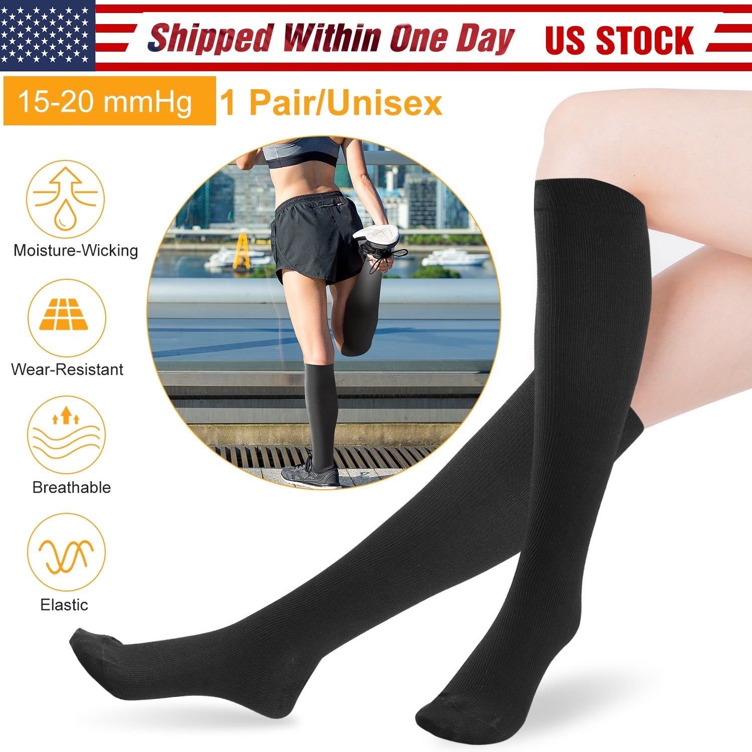 Unisex Compression Socks 15-20 mmHg Graduated Support Sports Fitness Socks for Running Athletic Circulation Recovery Polyester Solid Black - Energize Trek
