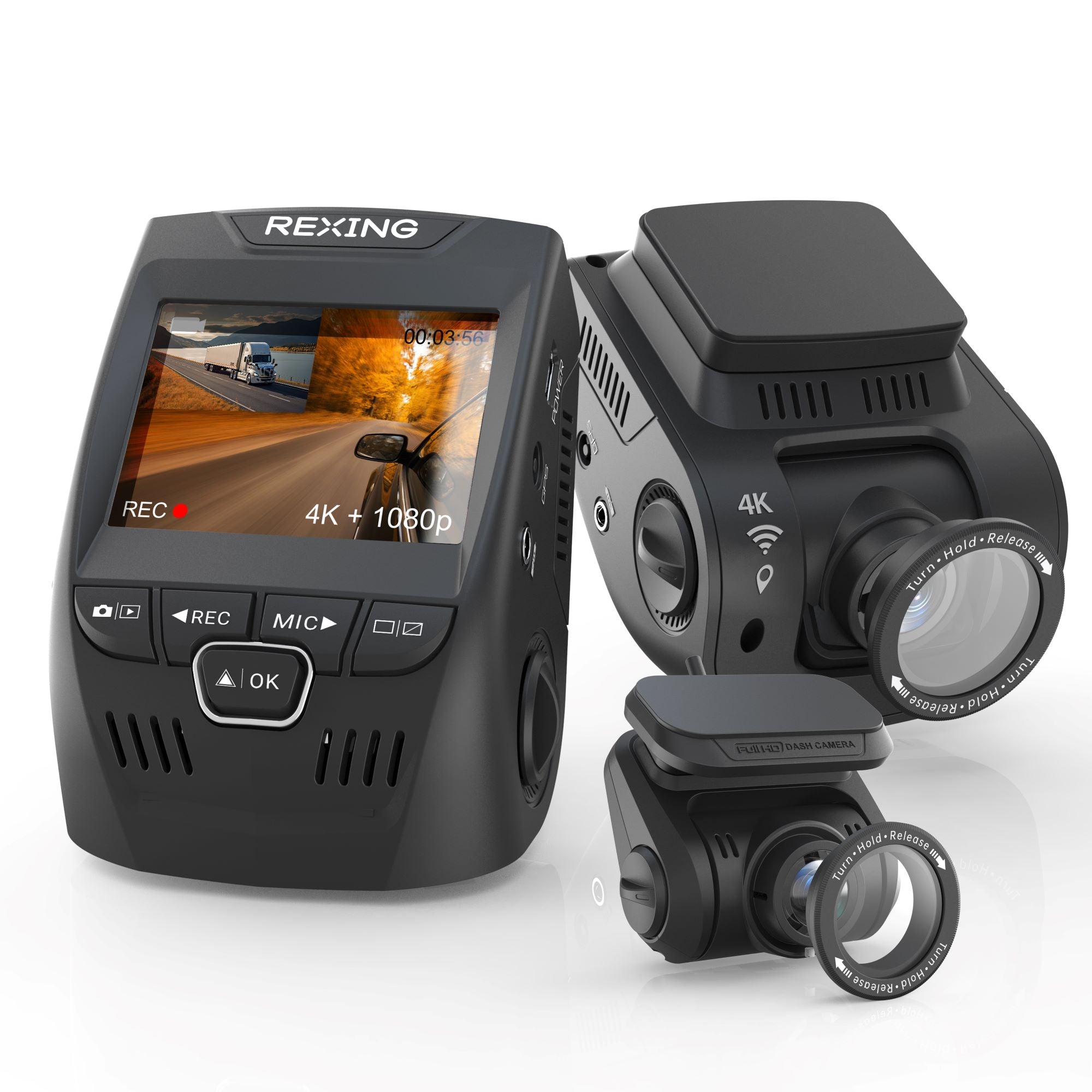 Rexing V1P SE 4K Dual Channel Car Dash Cam w/ GPS, Wi-Fi & Bonus CPL Filters - Energize Trek