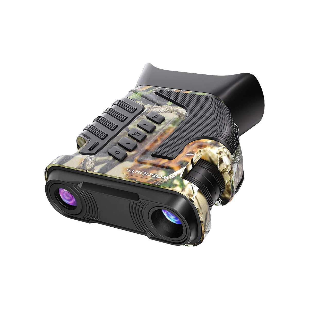 Hunting binoculars with camouflage pattern on a white background