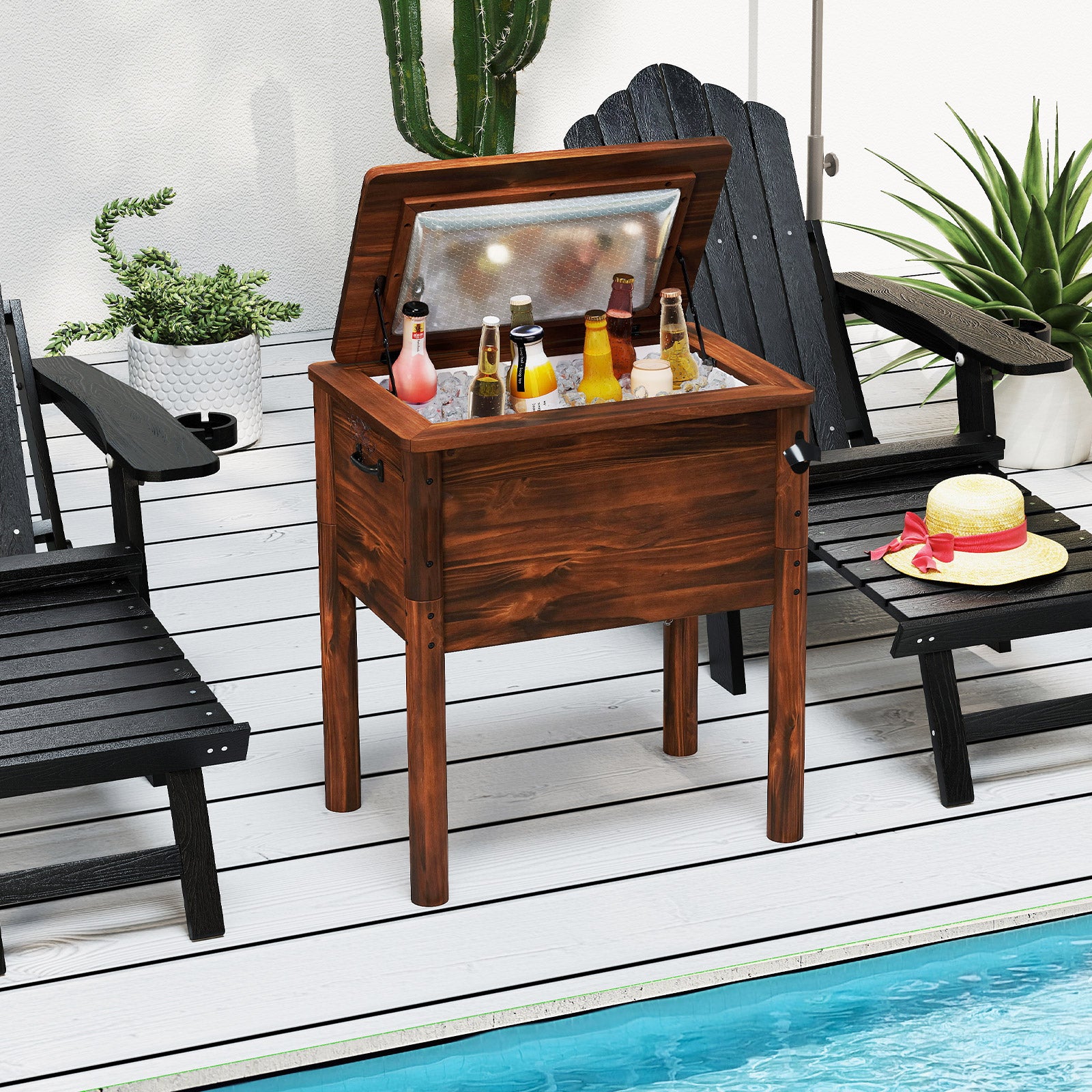 Wooden Patio Cooler with 3 Handles and Bottle Opener-Brown - Energize Trek