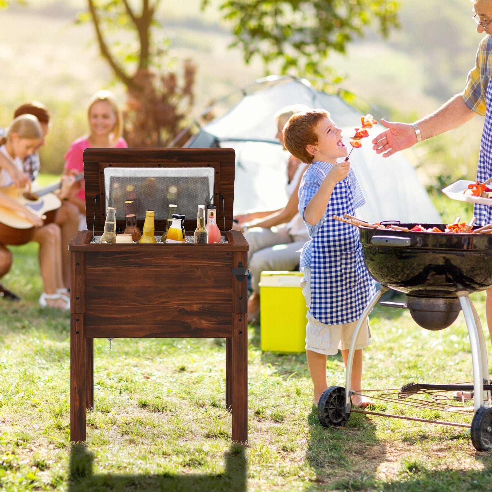 Wooden Patio Cooler with 3 Handles and Bottle Opener-Brown - Energize Trek