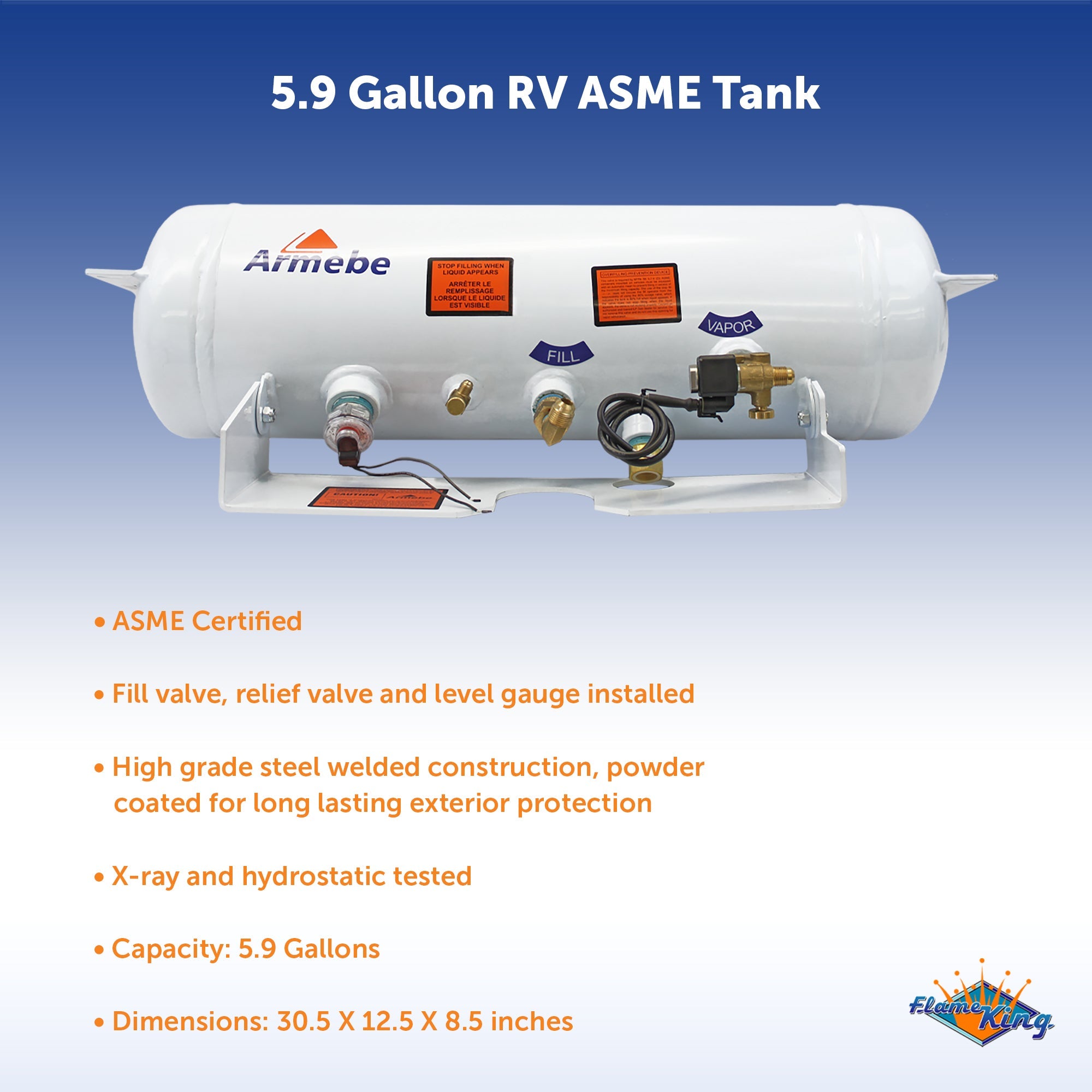 Flame King 5.9 Gallon ASME RV Trailer Propane Tank with Remote Valves & Solenoid - Energize Trek