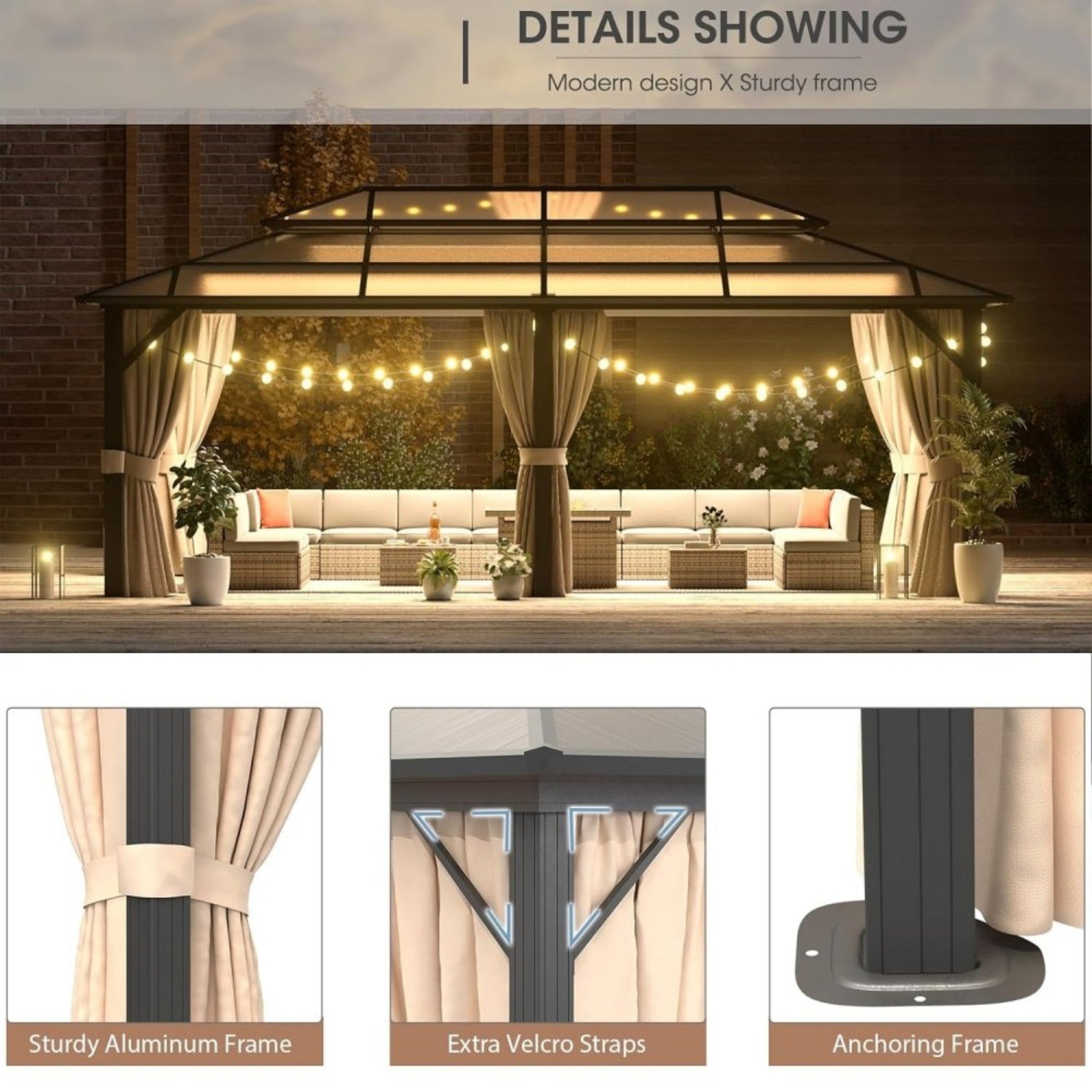 [12x20FT] Premium Aluminum Outdoor Polycarbonate Hardtop-Gazebo With UV Protection, Netting & Curtains (96815273) - Energize Trek