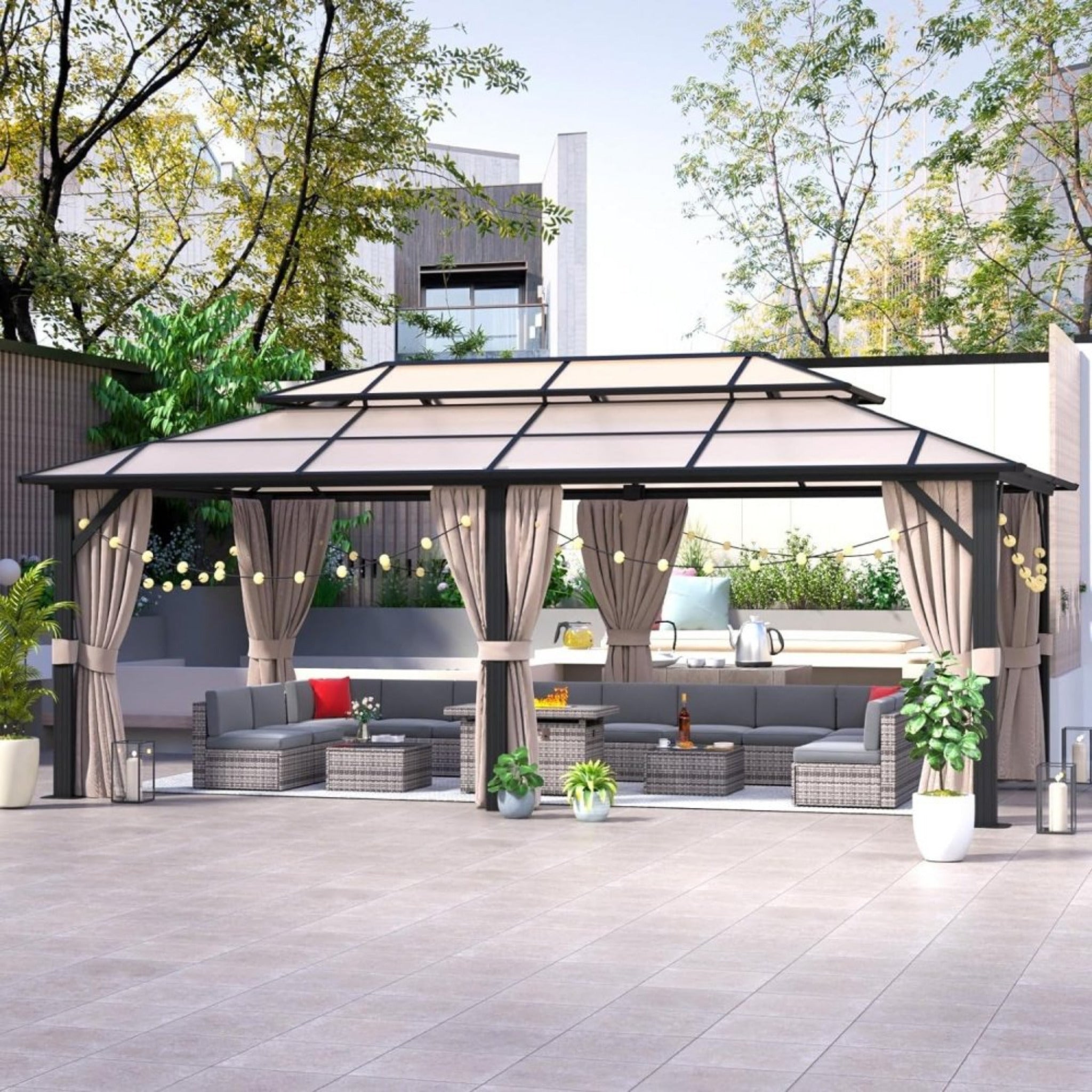 [12x20FT] Premium Aluminum Outdoor Polycarbonate Hardtop-Gazebo With UV Protection, Netting & Curtains (96815273) - Energize Trek