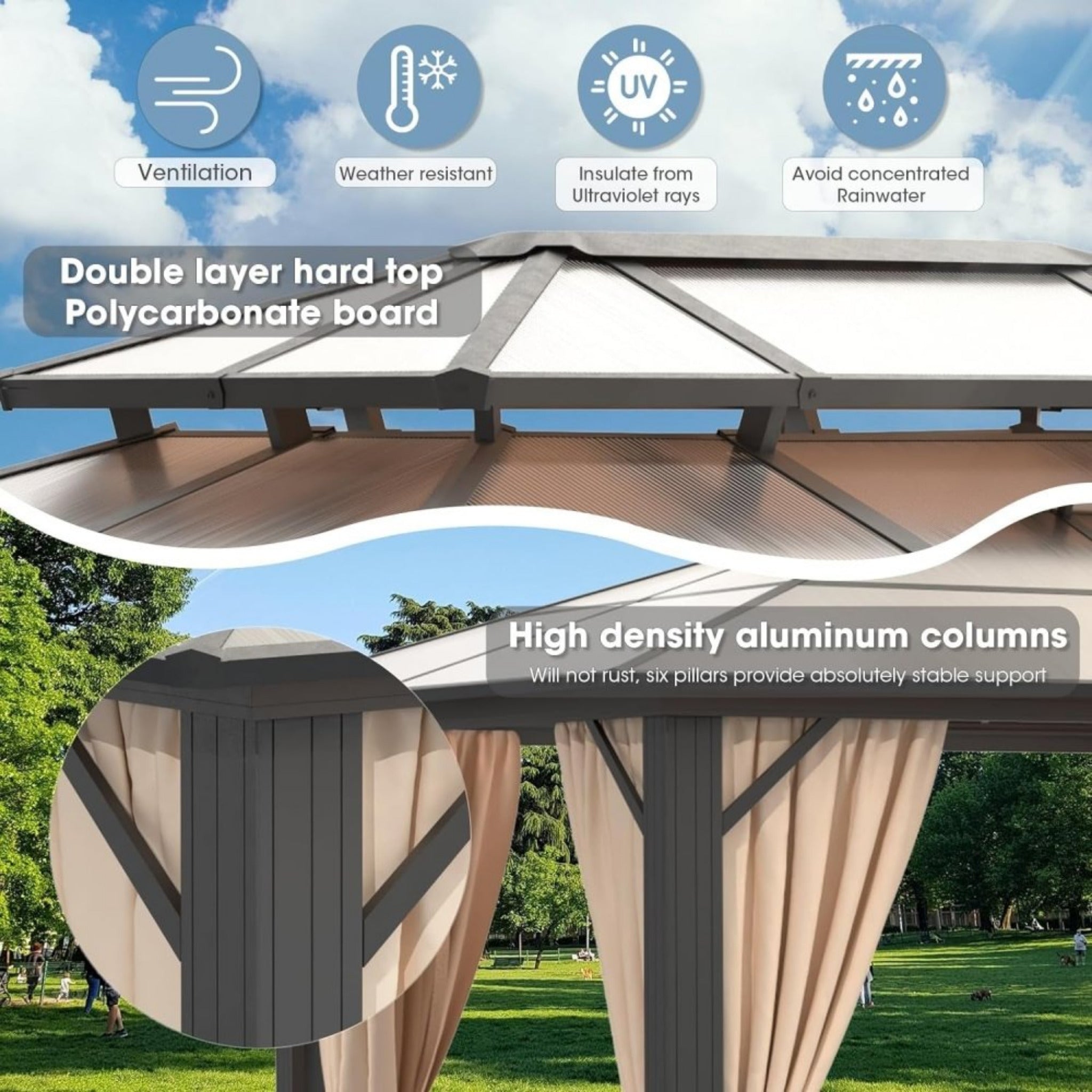 [12x20FT] Premium Aluminum Outdoor Polycarbonate Hardtop-Gazebo With UV Protection, Netting & Curtains (96815273) - Energize Trek