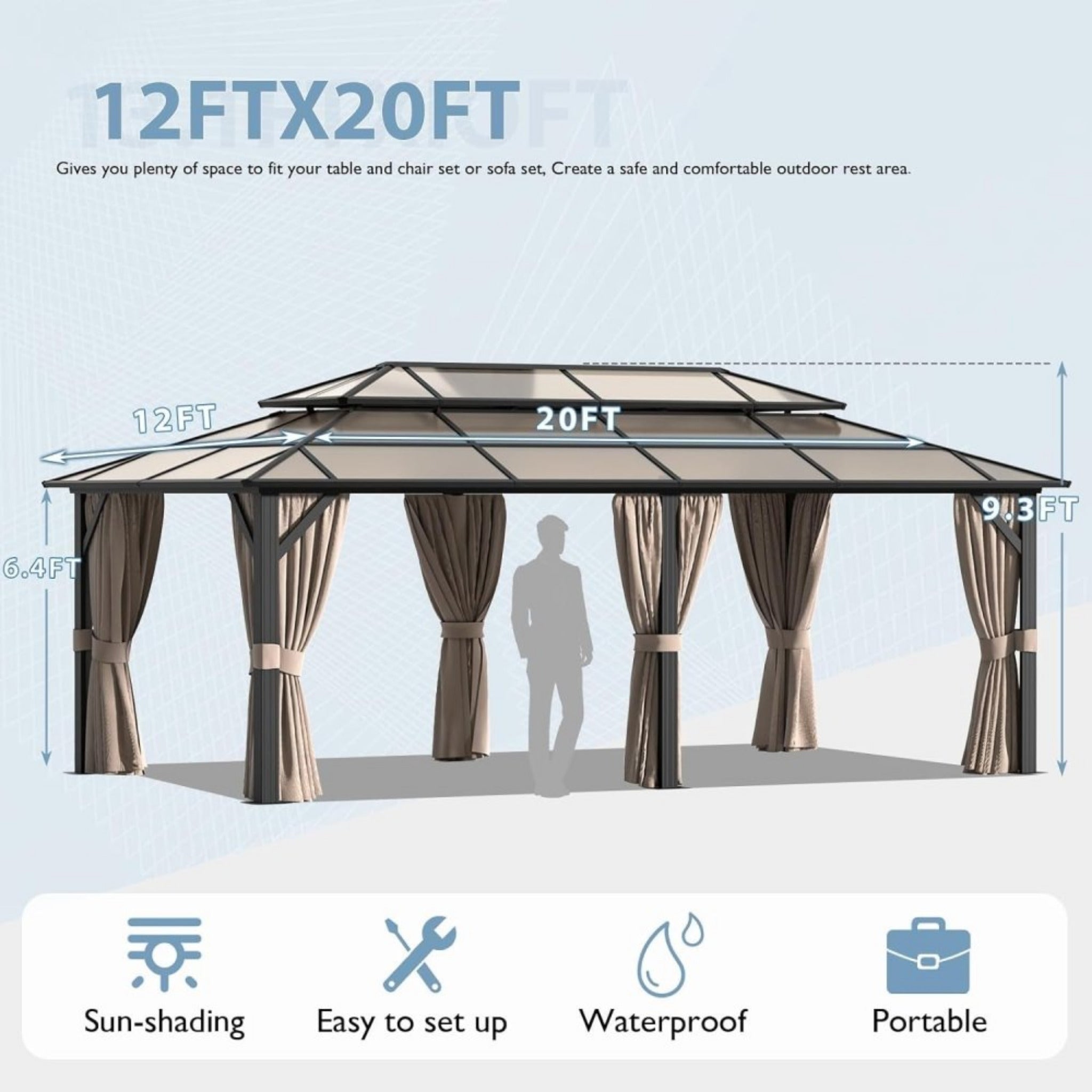 [12x20FT] Premium Aluminum Outdoor Polycarbonate Hardtop-Gazebo With UV Protection, Netting & Curtains (96815273) - Energize Trek