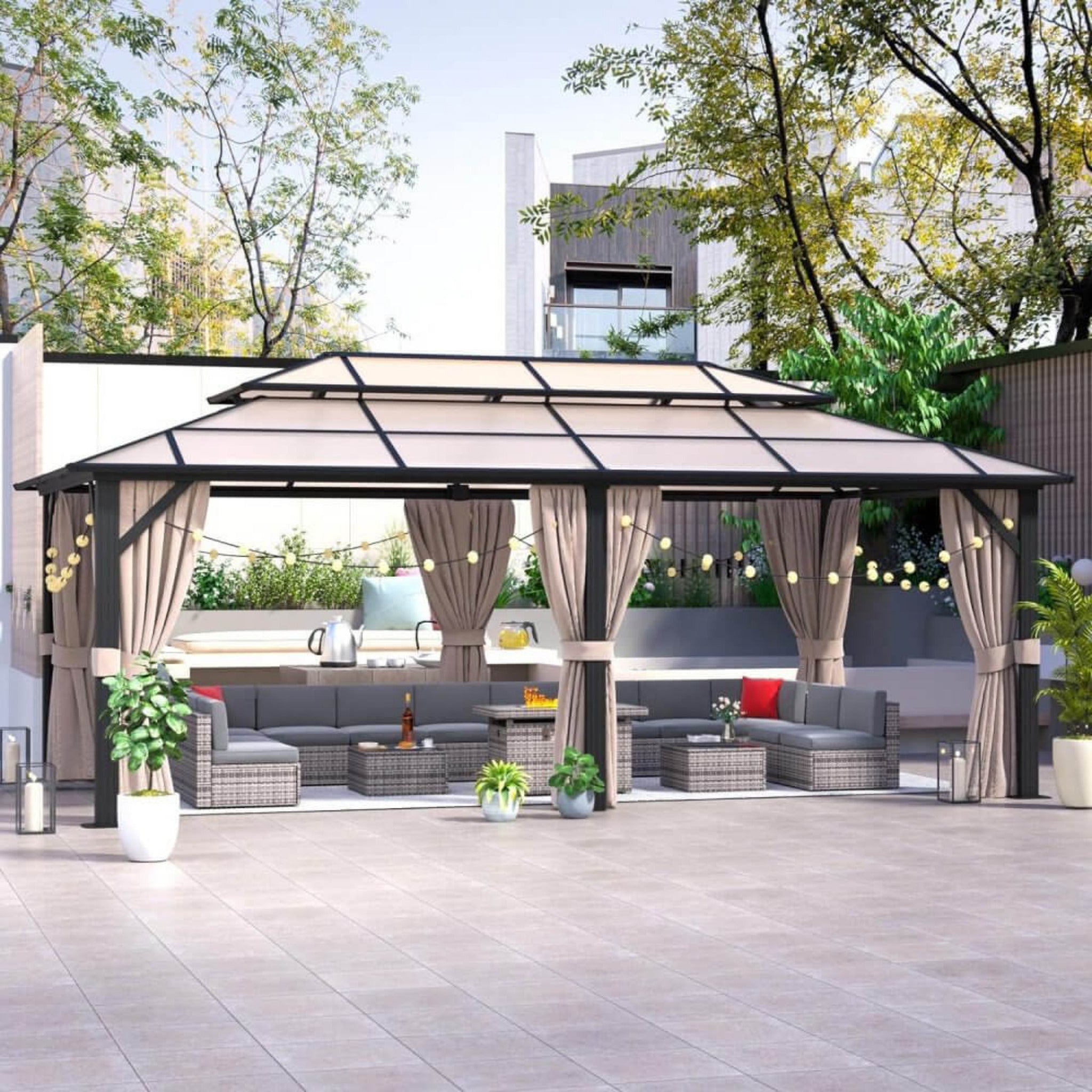 [12x20FT] Premium Aluminum Outdoor Polycarbonate Hardtop-Gazebo With UV Protection, Netting & Curtains (96815273) - Energize Trek
