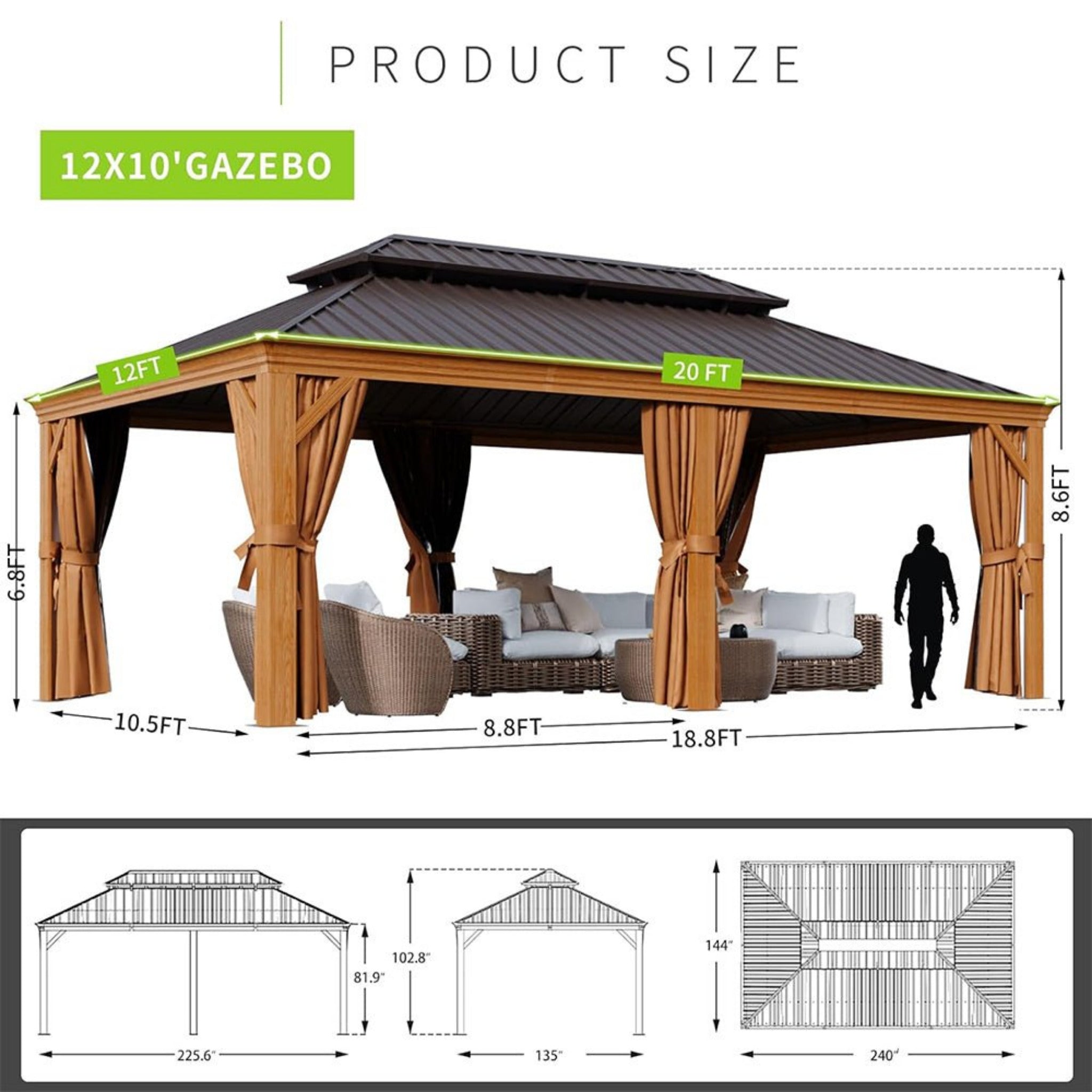 [12x20FT] AXN Premium Large Aluminum Hardtop Gazebo W/ Netting, Privacy Curtains And Wood Grain Finish (SAK58374) - Energize Trek
