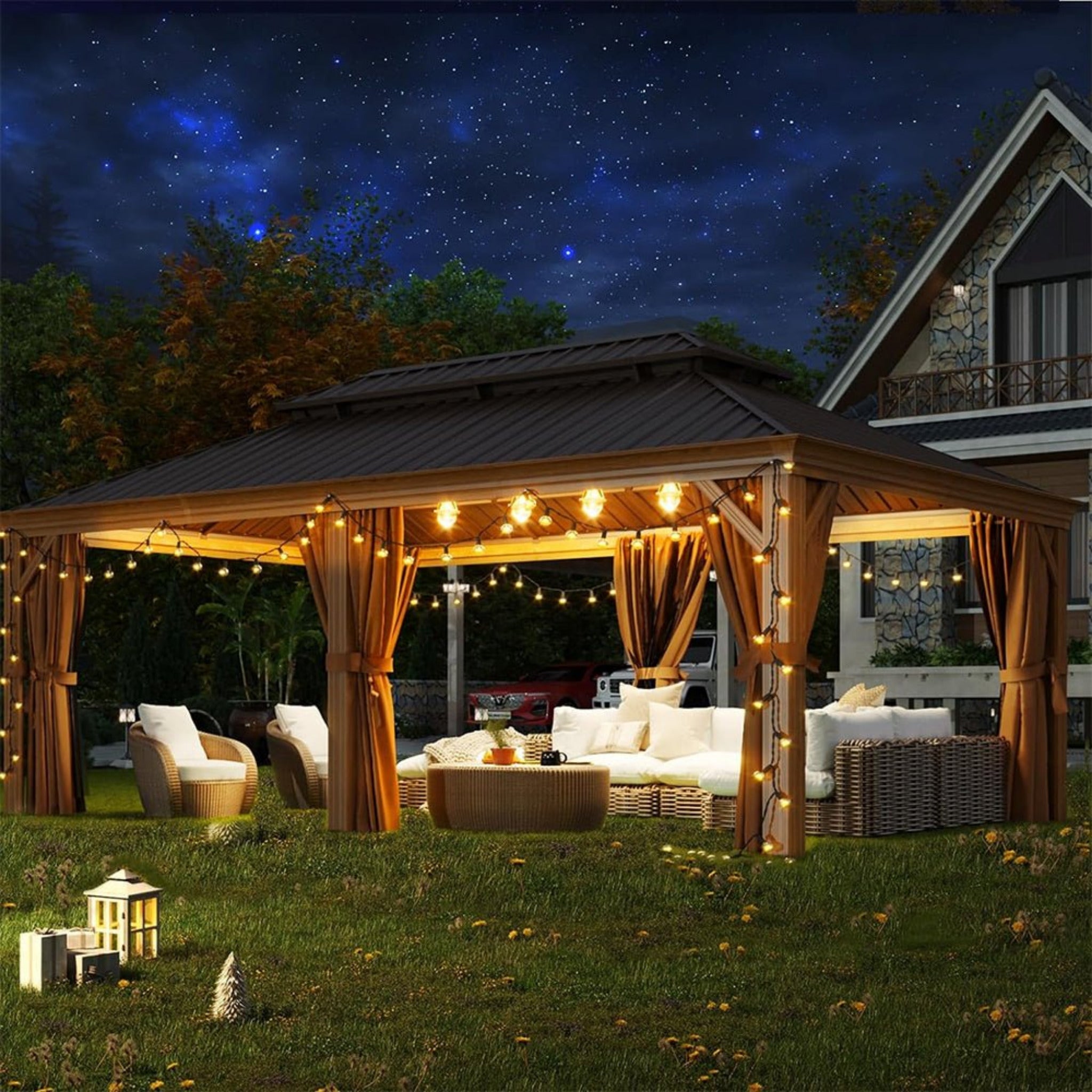 [12x20FT] AXN Premium Large Aluminum Hardtop Gazebo W/ Netting, Privacy Curtains And Wood Grain Finish (SAK58374) - Energize Trek