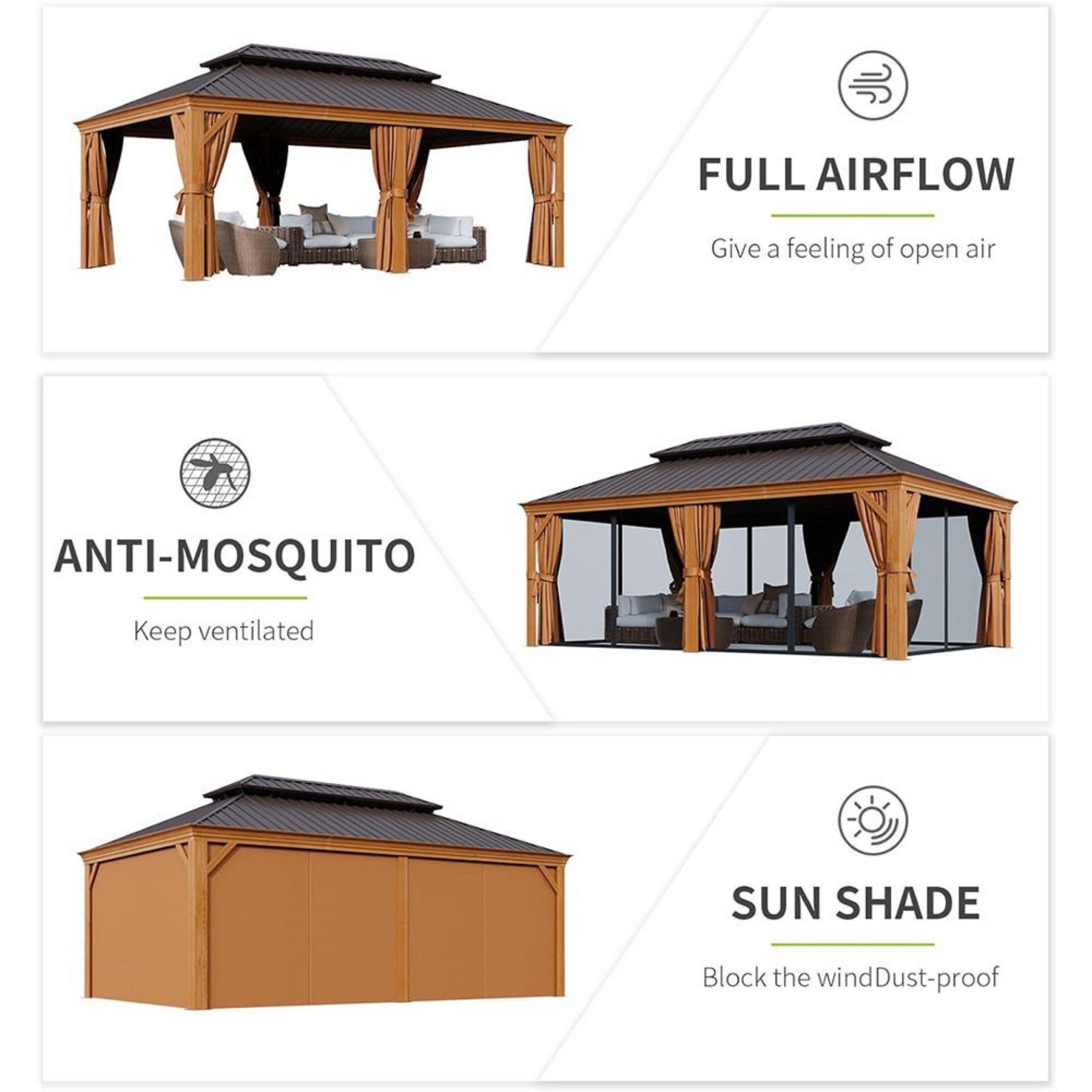 [12x20FT] AXN Premium Large Aluminum Hardtop Gazebo W/ Netting, Privacy Curtains And Wood Grain Finish (SAK58374) - Energize Trek