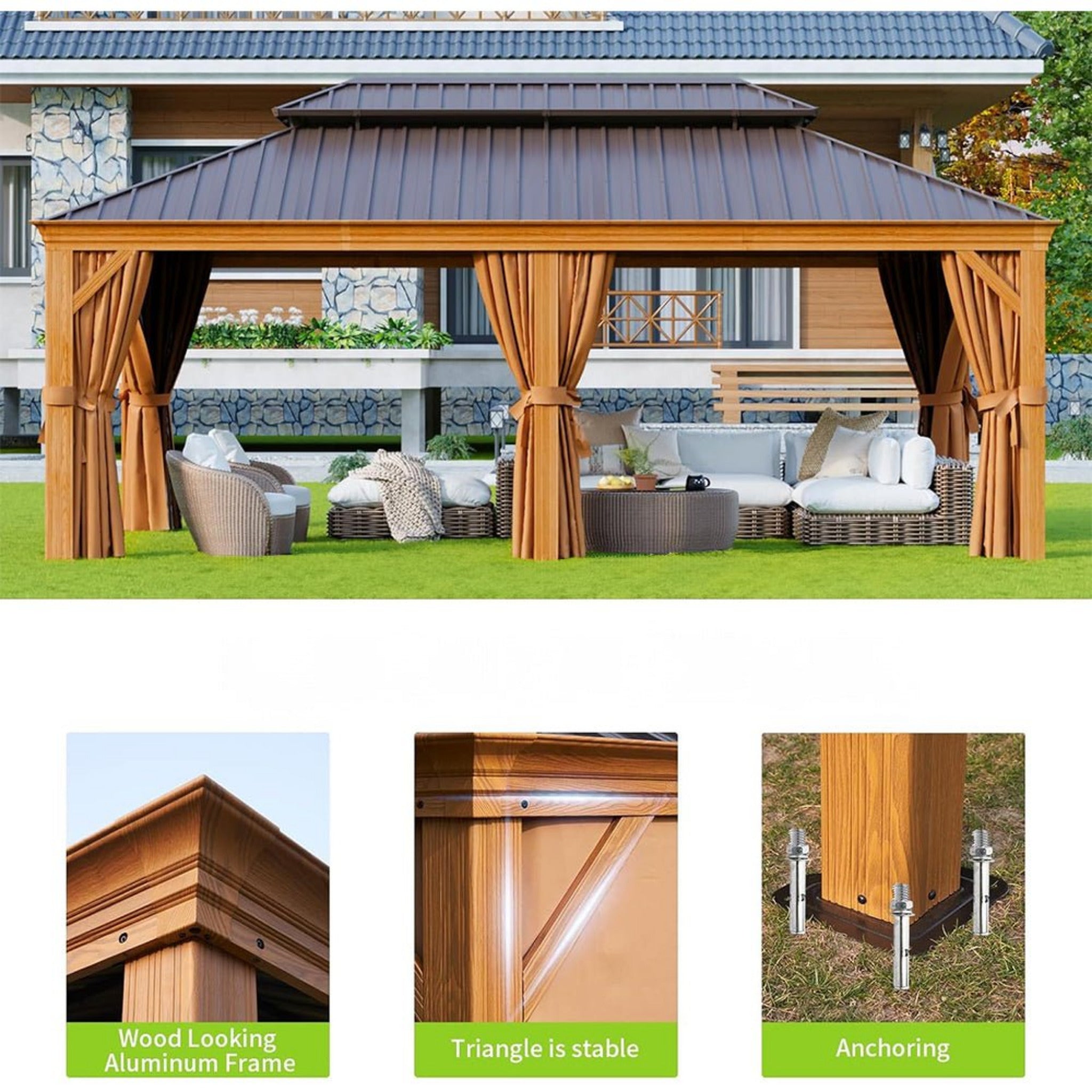 [12x20FT] AXN Premium Large Aluminum Hardtop Gazebo W/ Netting, Privacy Curtains And Wood Grain Finish (SAK58374) - Energize Trek