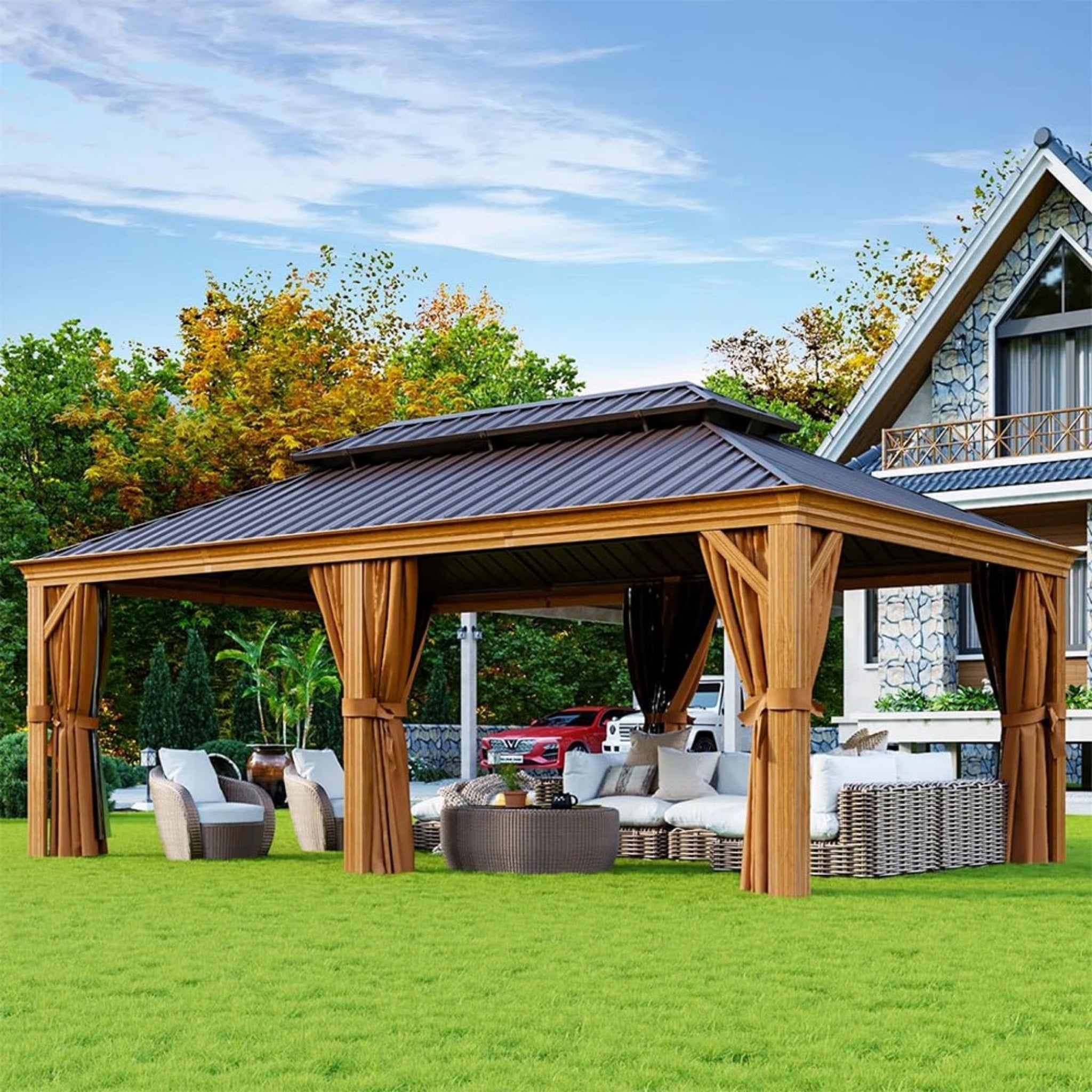 [12x20FT] AXN Premium Large Aluminum Hardtop Gazebo W/ Netting, Privacy Curtains And Wood Grain Finish (SAK58374) - Energize Trek