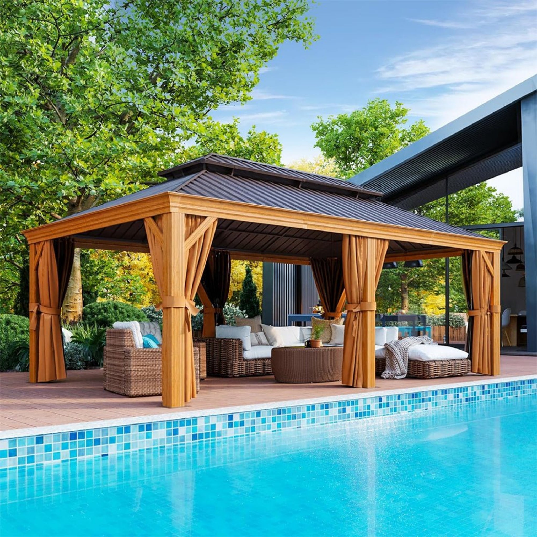 [12x20FT] AXN Premium Large Aluminum Hardtop Gazebo W/ Netting, Privacy Curtains And Wood Grain Finish (SAK58374) - Energize Trek