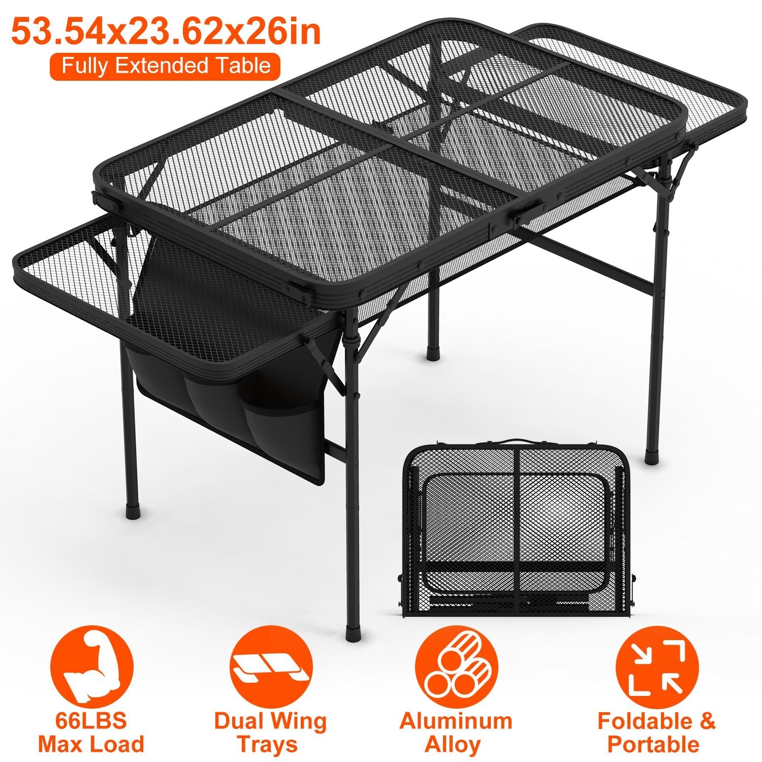 Foldable Camping Table Collapsible Picnic Aluminum Alloy Grill Stand BBQ Table with 66LBS Max Load Adjustable Height 2 Side Wing Trays Storage Net