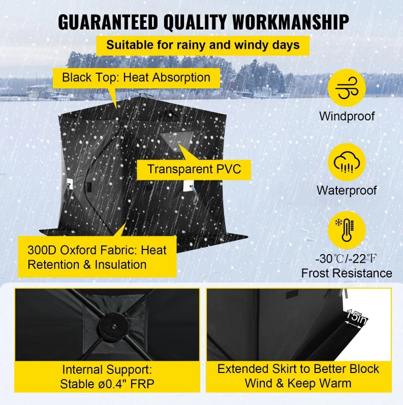 2-3 Person Ice Fishing Shelter, Pop-Up Portable Insulated Ice Fishing Tent, Waterproof Oxford Fabric - Energize Trek