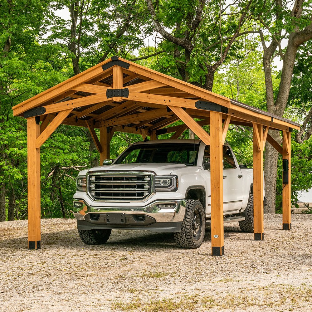 [12x20FT] BYD Premium All Cedar Wooden Carport Pavilion Gazebo With Sloped Hardtop Steel Roof (92758314) - Energize Trek
