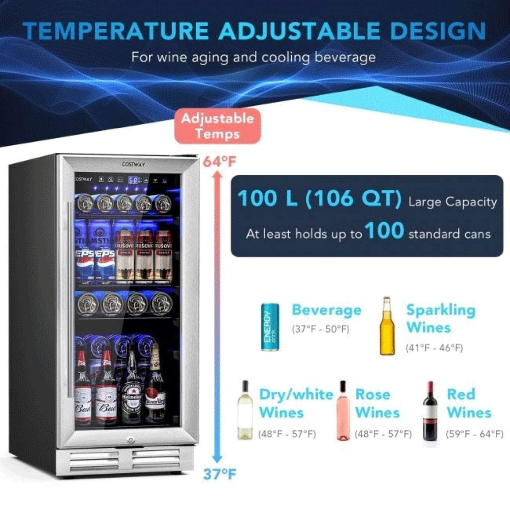 Premium 15" Tall Built-In Freestanding Beverage Cooler Refrigerator, 100 Cans (SAK77654) - Energize Trek