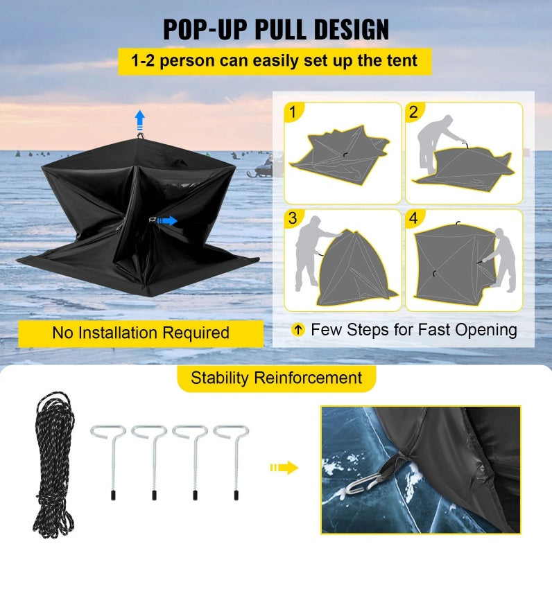 2-3 Person Ice Fishing Shelter, Pop-Up Portable Insulated Ice Fishing Tent, Waterproof Oxford Fabric - Energize Trek