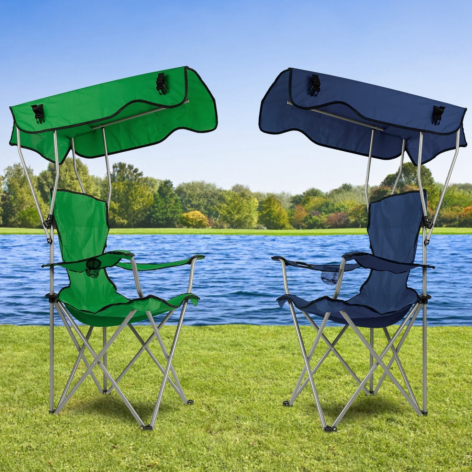 Foldable Beach Canopy Chair Sun Protection Camping Lawn Canopy Chair 330LBS Load Folding Seat w/ Cup Holder For Beach Poolside Travel Picnic