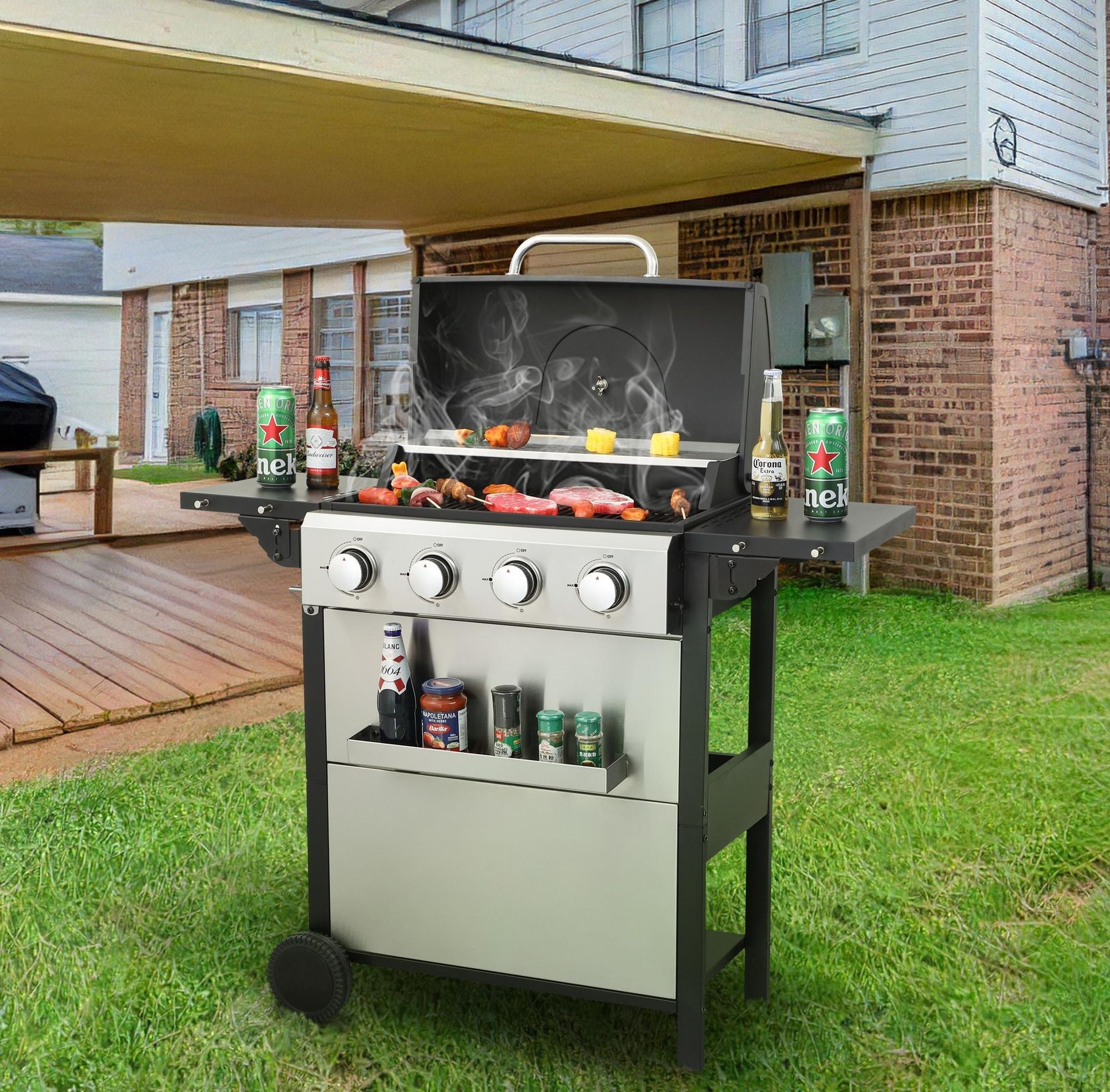 4-Burner Propane BBQ Grill – 34,200 BTU with Foldable Table & Hooks - Energize Trek