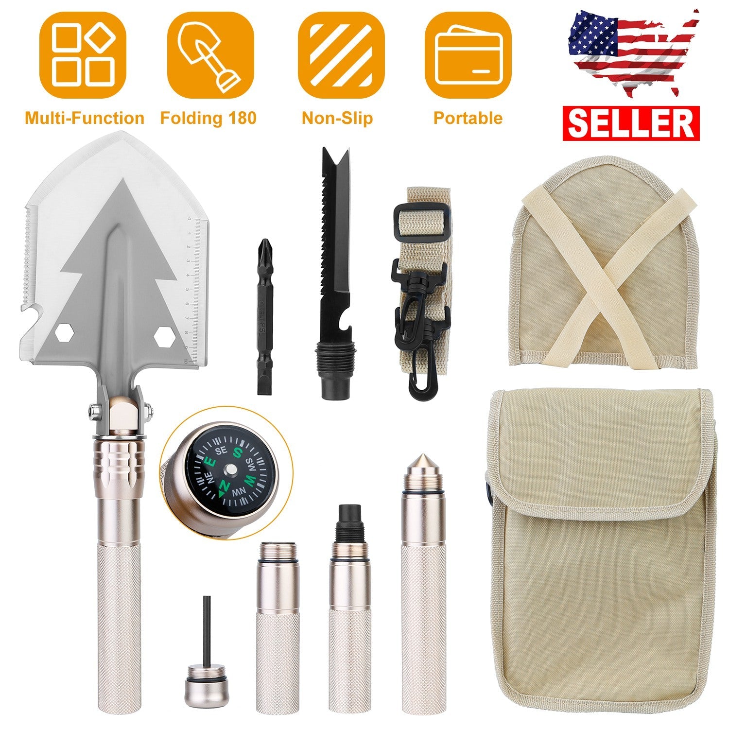 Military Folding Shovel Multifunctional Survival Emergency Spade Tactical Multi Tool For Outdoor Camping Hiking Backpacking w/ Compass