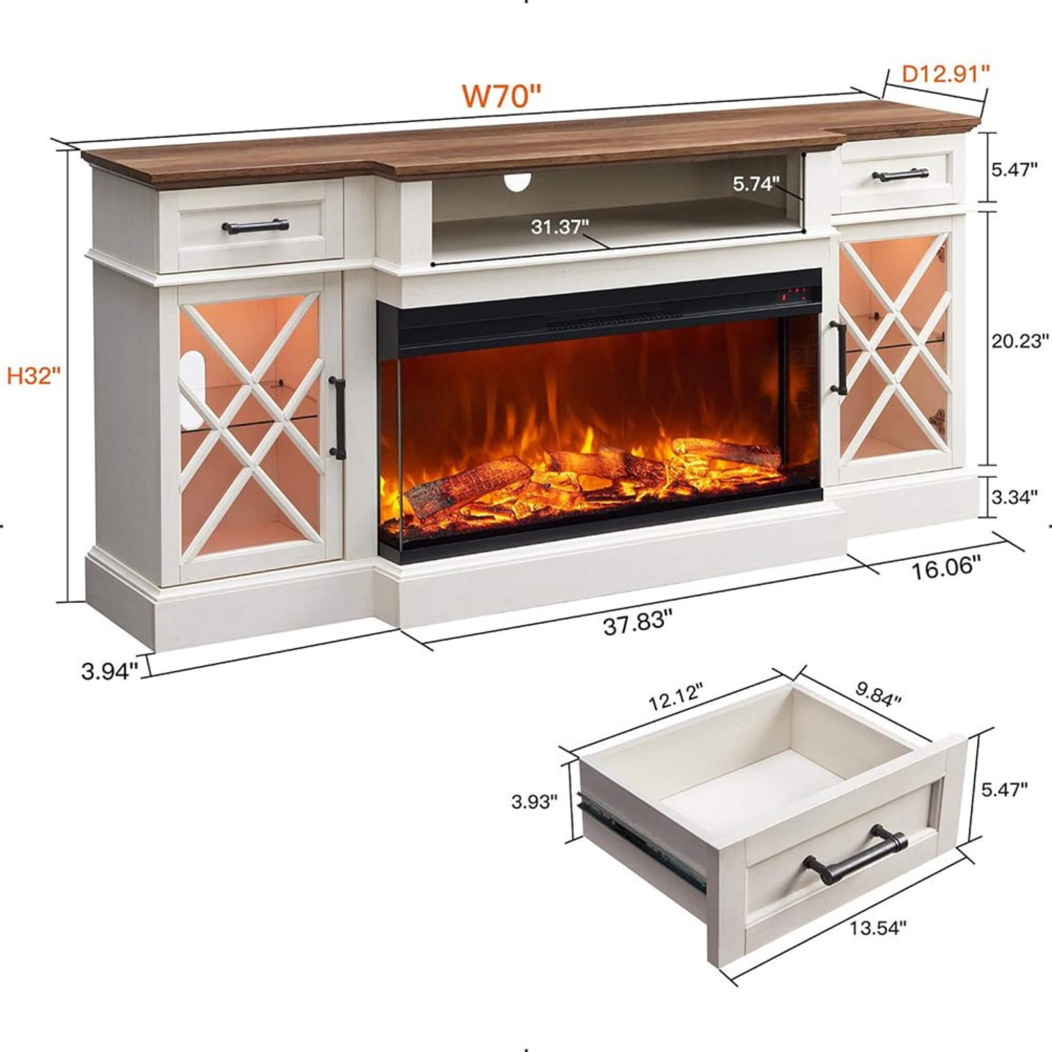 Electric Fireplace TV Stand With Glass Door Storage Cabinet, 70" (SAK58627) - Energize Trek